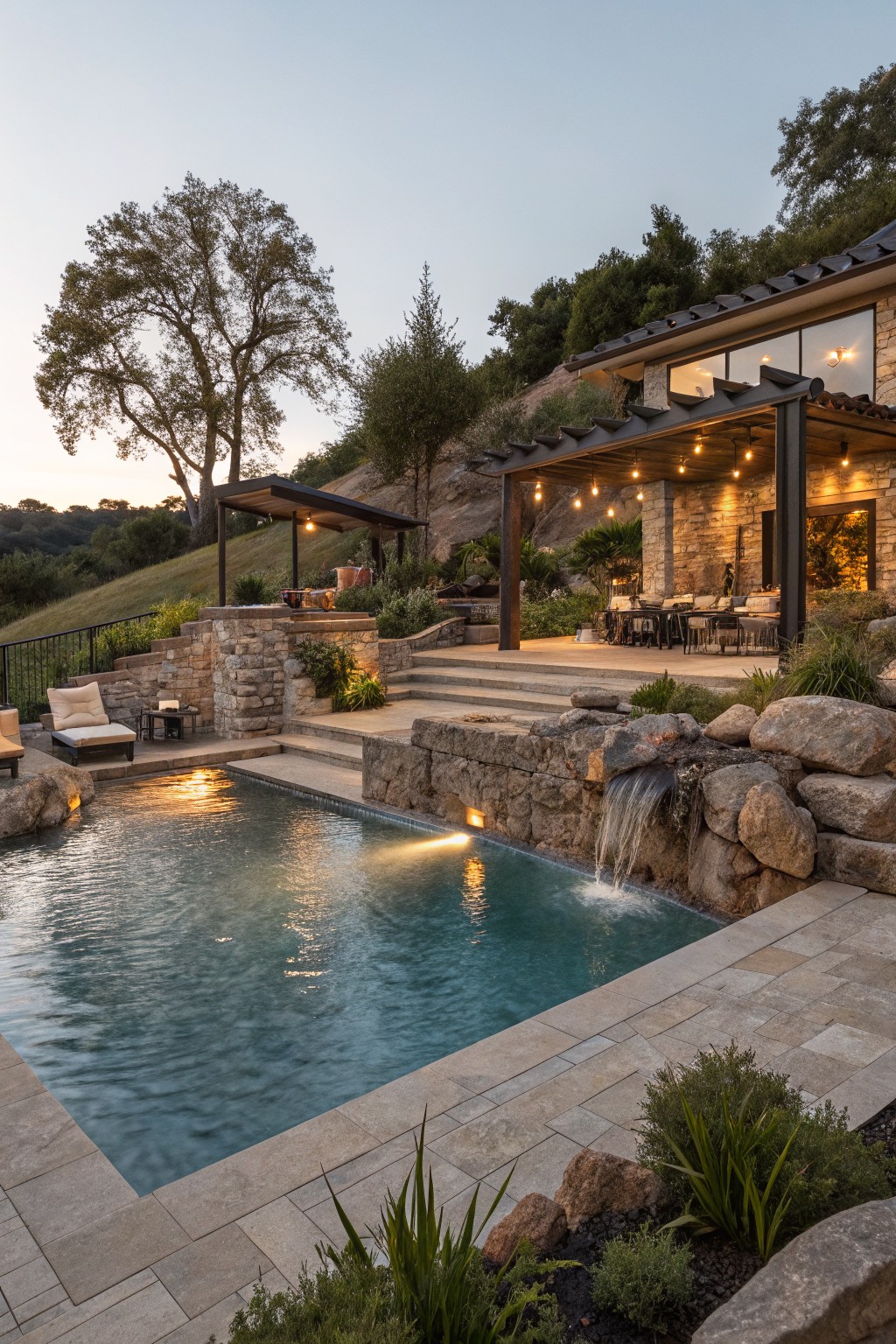 Turquoise pool with waterfall cascading from large boulders and stone wall, surrounded by stone steps, outdoor dining under pergola-covered patio, and hillside landscaping at evening.