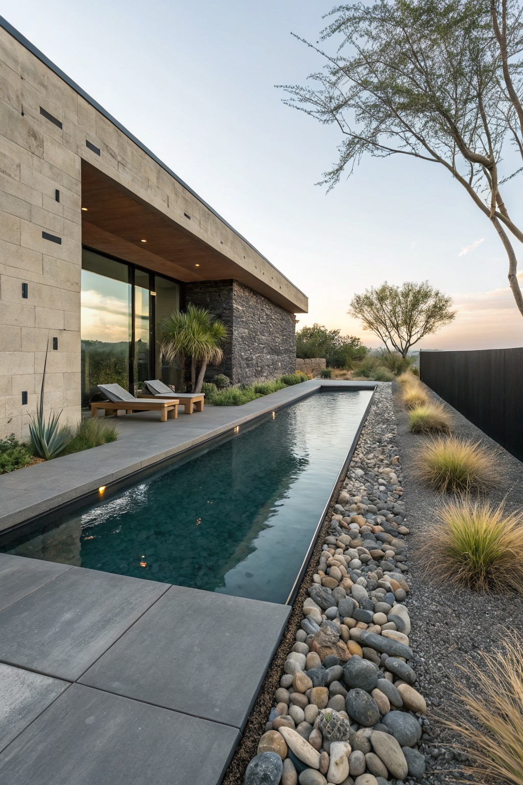 Side view of a modern stone house with infinity-edge pool, dark gray deck, river rock border mixed with grasses, lounge chairs nearby, and desert trees in the background at dusk.