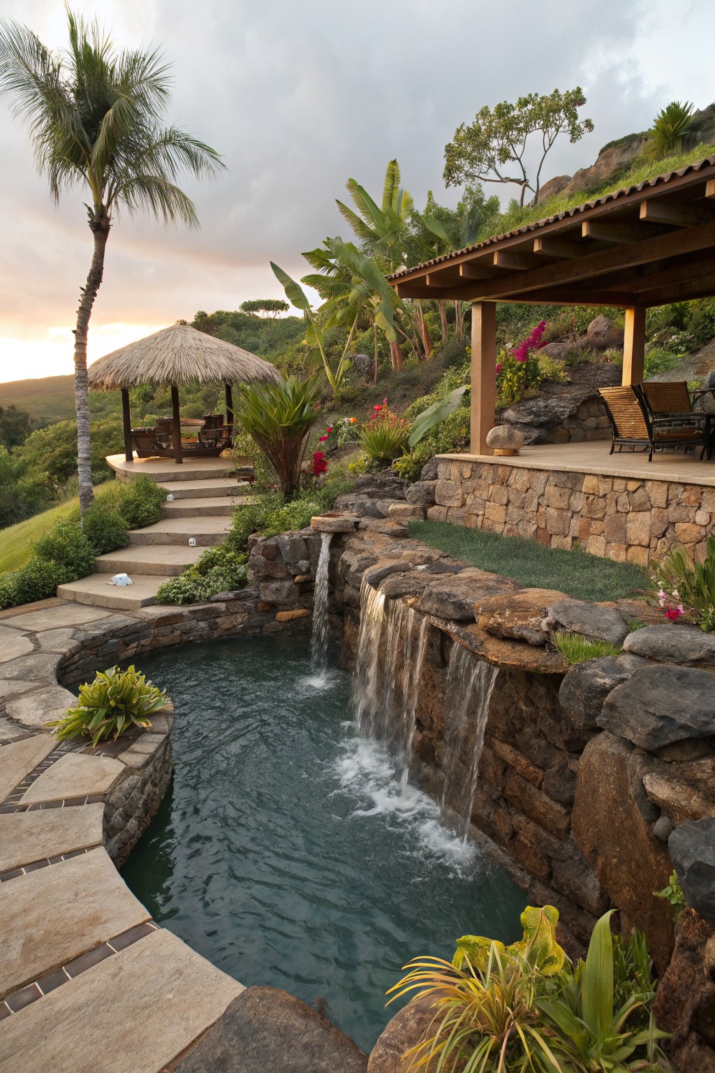 Curved turquoise pool with a natural stone waterfall cascading into it from boulder walls, surrounded by tropical plants, stone steps, and paths on a green hillside.