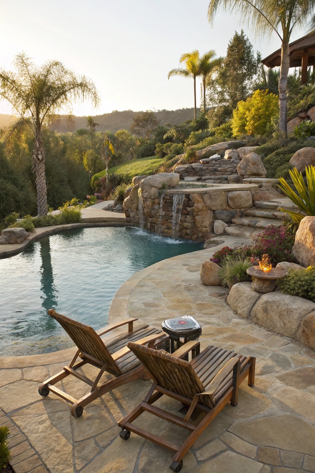 Curved turquoise pool with natural stone boulder waterfall cascading into it, surrounded by large rocks, tropical plants, wooden lounge chairs on stone deck, and hillside landscape at sunset.