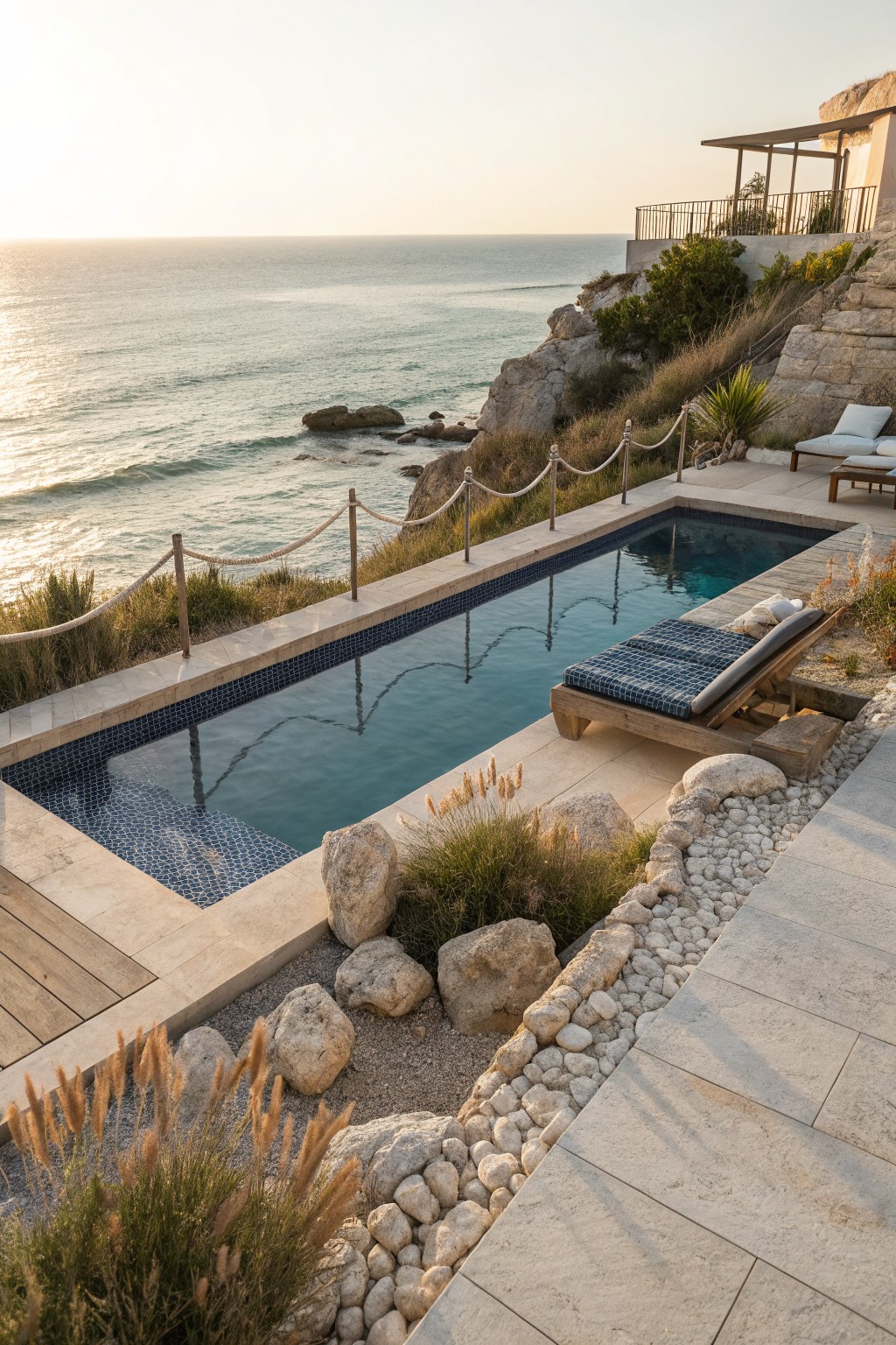 Cliffside infinity pool with blue mosaic tiles, surrounded by large boulders, white pebbles, ornamental grasses, and a wooden daybed lounge, overlooking the ocean with a modern house nearby.