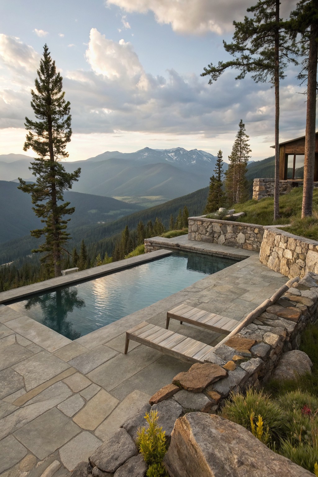 Infinity-edge pool on a flagstone deck surrounded by stacked stone retaining walls and boulders, with wooden lounge chairs, pine trees, and distant mountain views.