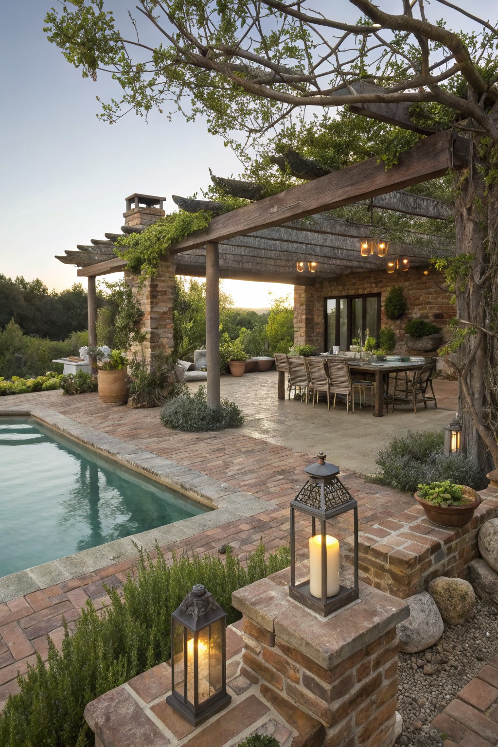 Pool with brick paver surround and stone pillars topped with lanterns, adjacent to a paved patio area with boulders, low plants, and a pergola-covered dining table nearby.
