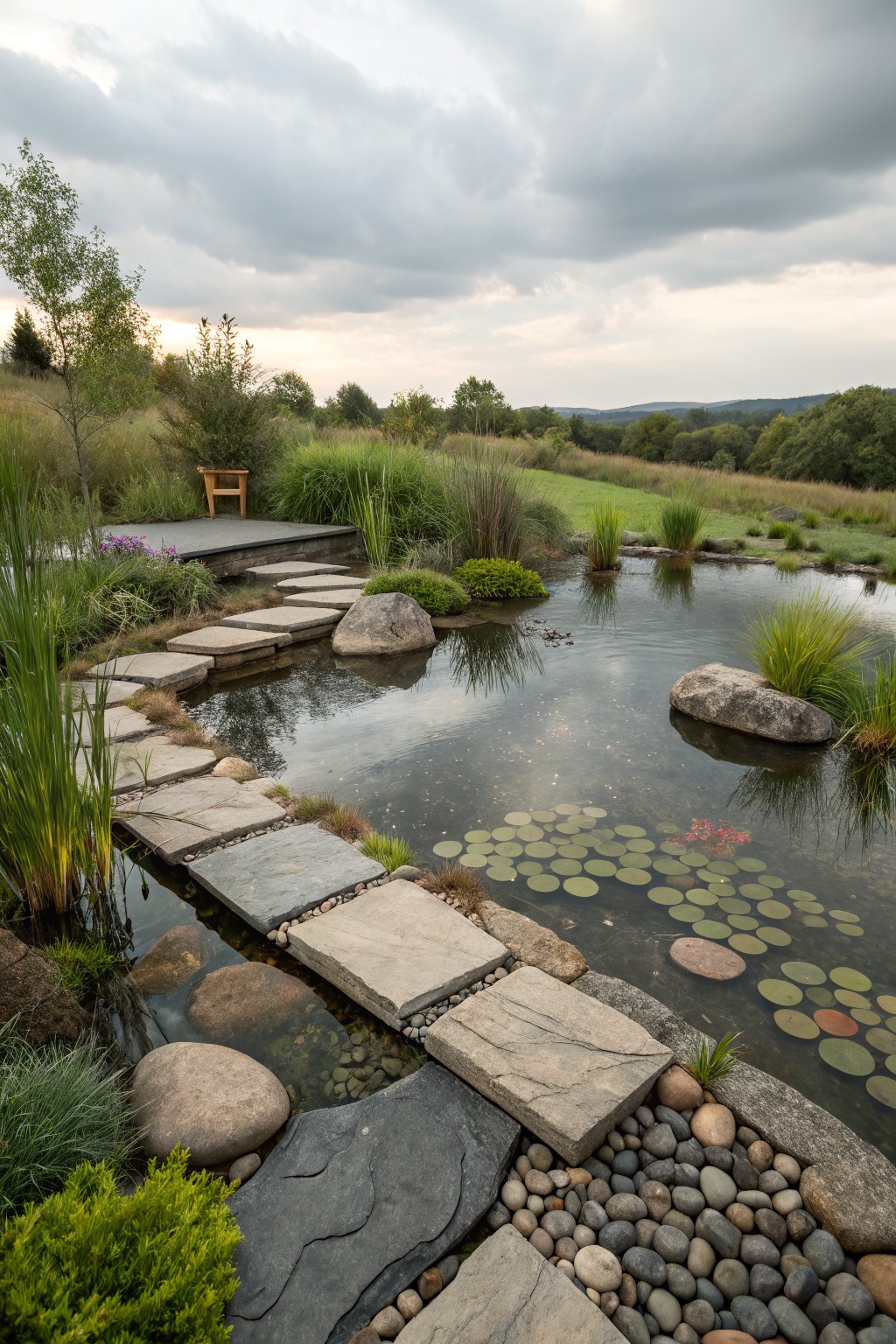 Winding path of irregular flat stones crosses a pond with boulders, water lilies, grasses, and pebbles along the edges, leading to a deck with a bench.