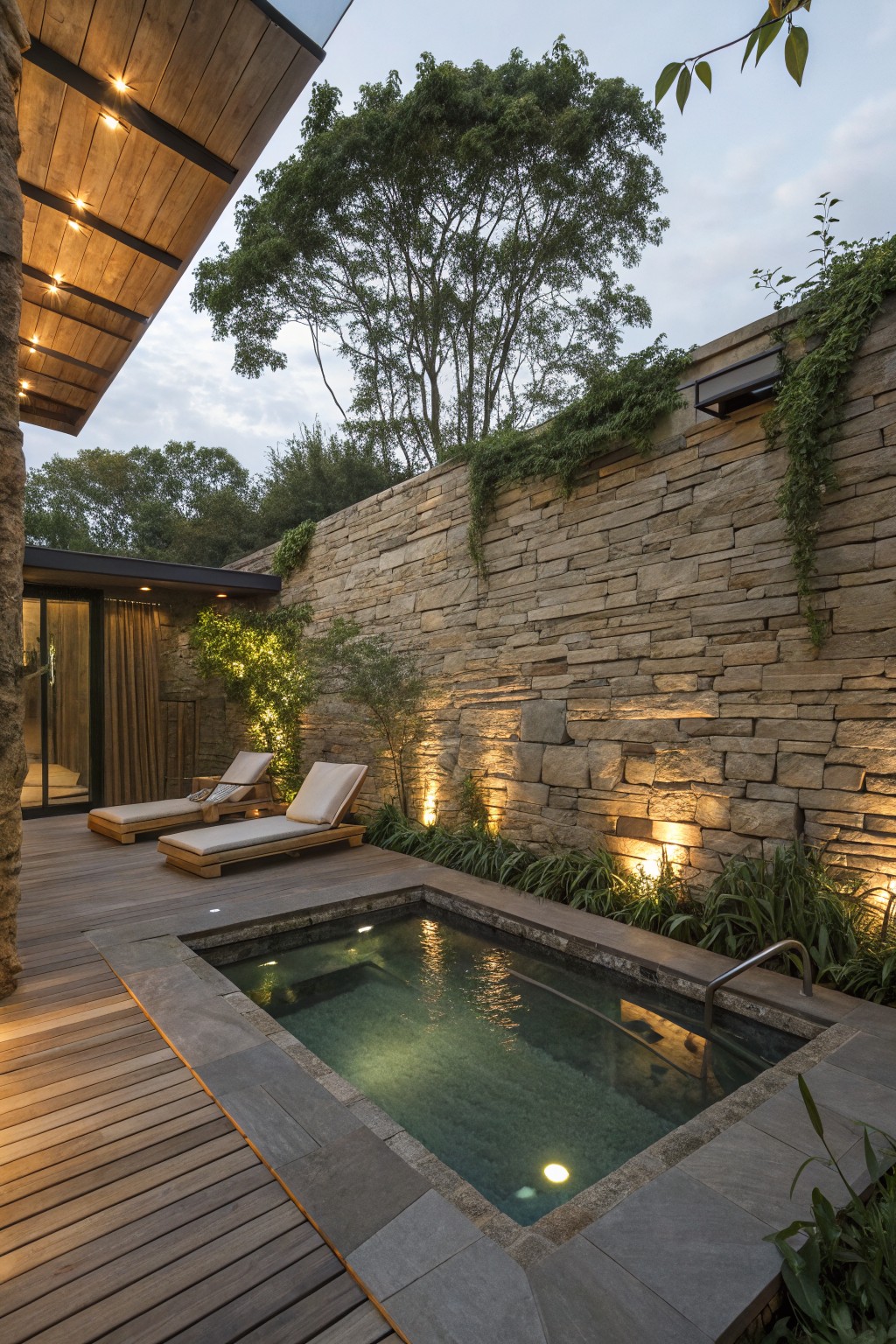 Small rectangular plunge pool sunken into a wooden deck, surrounded by tall textured stone walls partially covered in ivy, with two cushioned lounge chairs on the deck and ground lights illuminating plants and walls.