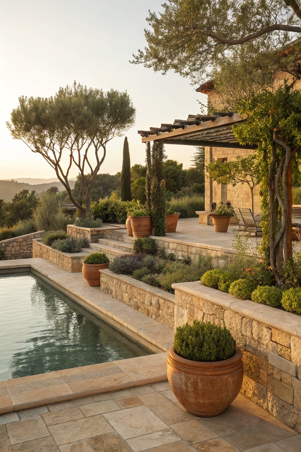 Stone retaining walls form terraces around a rectangular pool, with large terracotta pots of plants, olive trees, and low shrubs on multiple levels beside a house with a pergola.