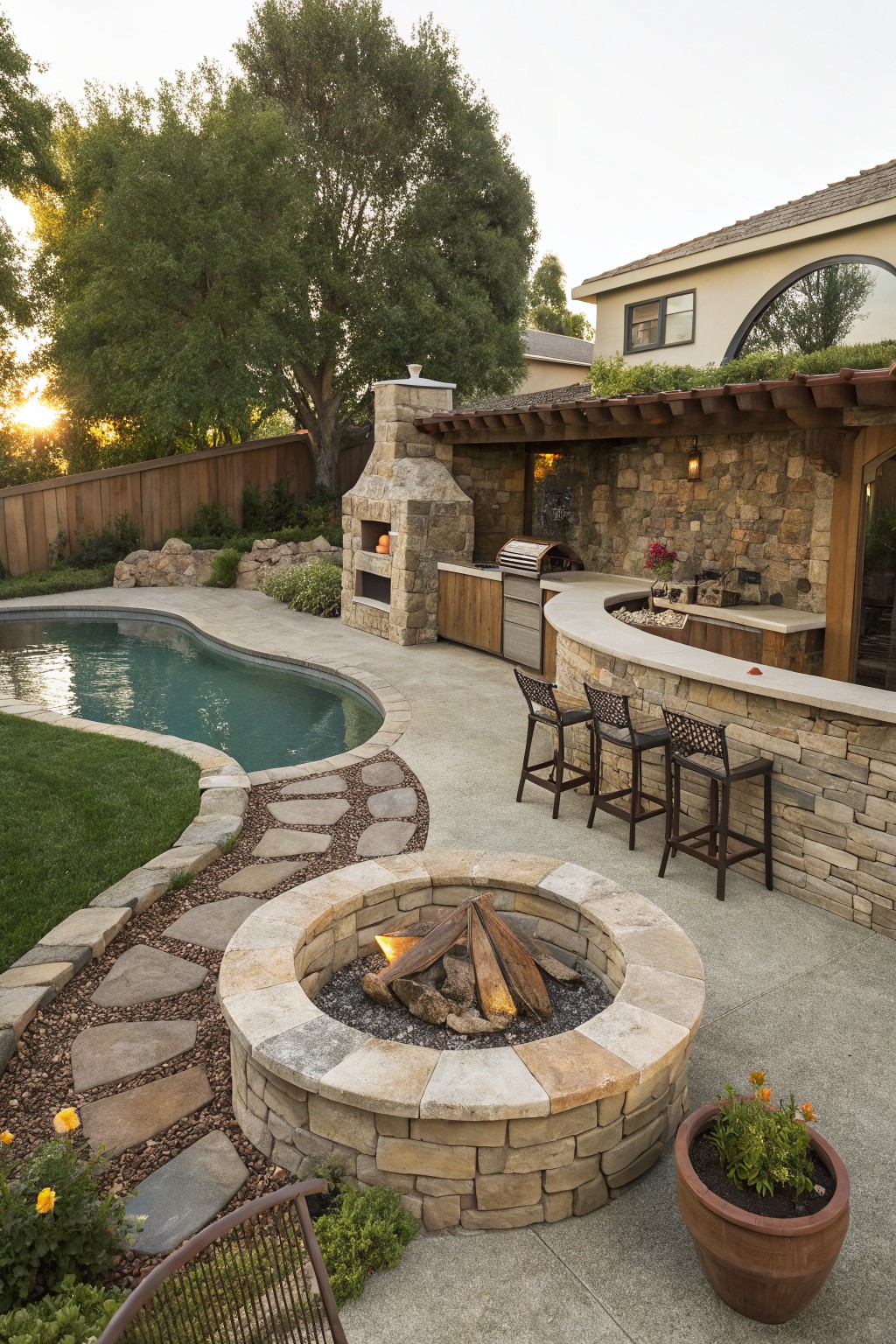 Curved turquoise pool in backyard with adjacent stone outdoor kitchen bar seating four stools, foreground stone fire pit burning wood, winding irregular stepping stone path through gravel from grass lawn, surrounded by stone walls, plants, and trees.