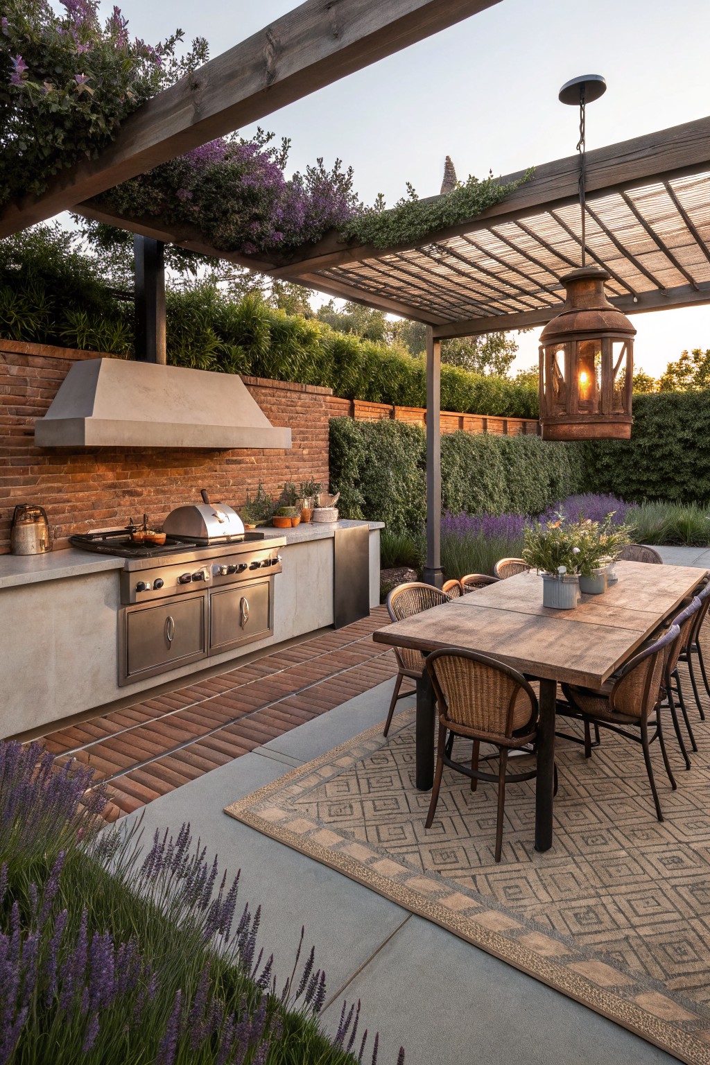 Outdoor kitchen with stainless steel grill on concrete counter and brick hood, wooden dining table with woven chairs under pergola with hanging lantern, surrounded by lavender plants and green hedges against backyard fence.