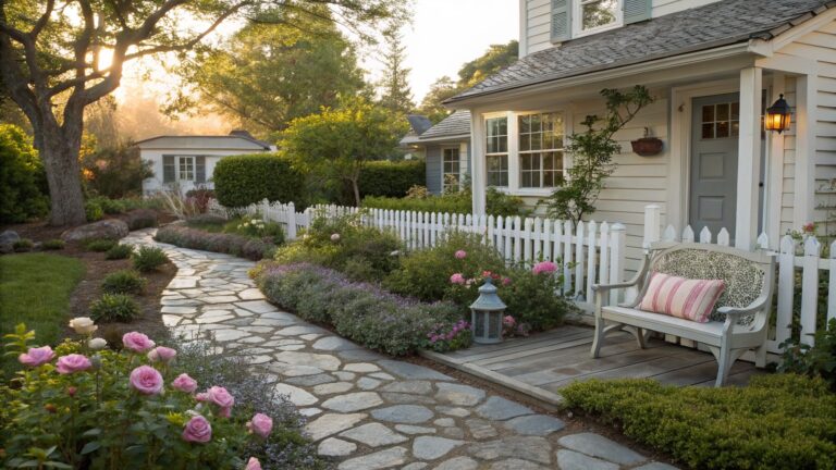 Winding stone path edged with lavender plants, pink hydrangeas, green shrubs, and a white picket fence beside a white clapboard house with porch and bench in evening light.