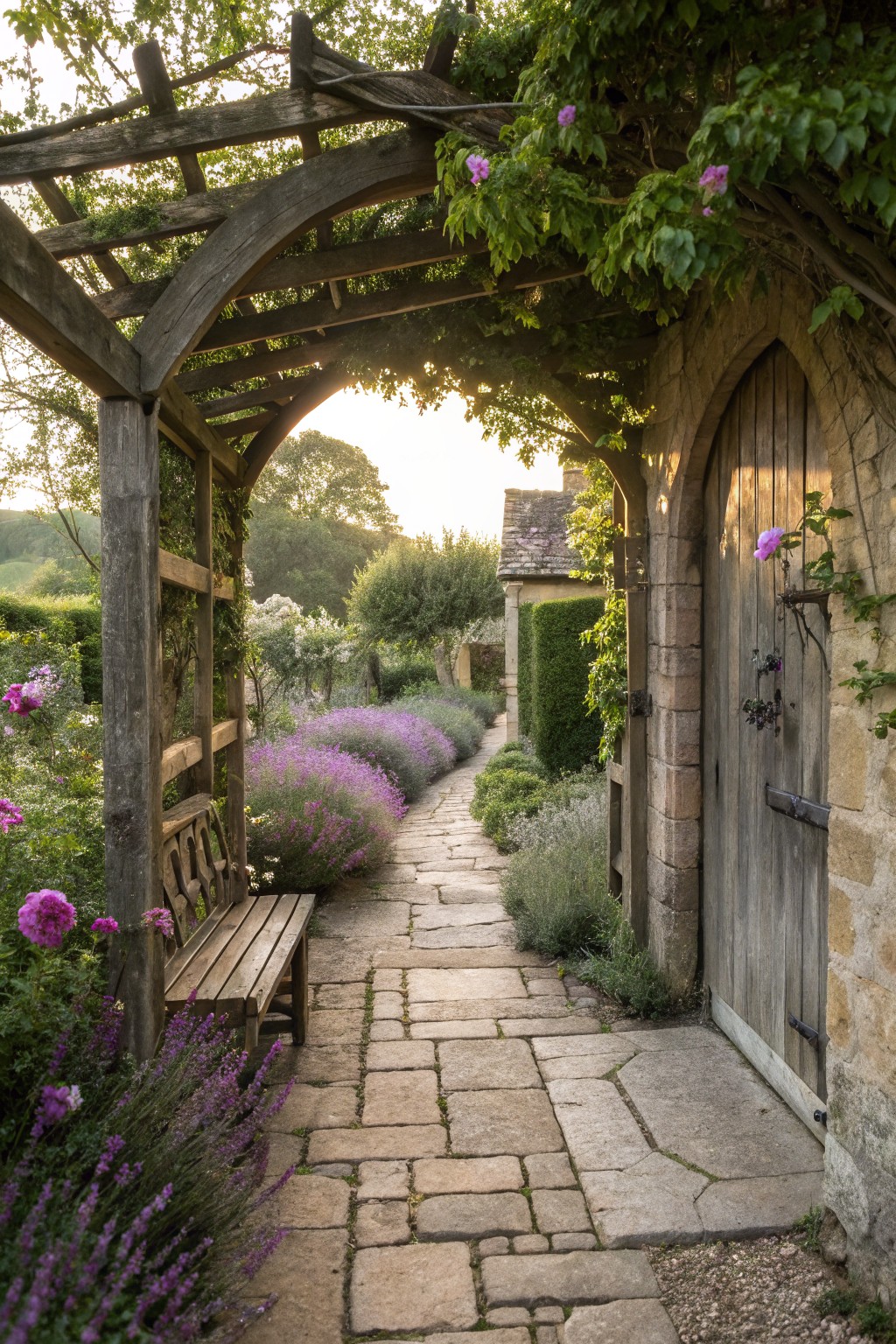 Stone pathway lined with purple lavender plants under a wooden pergola archway covered in green vines, leading to an arched wooden door in a stone wall with a wooden bench beside the path.