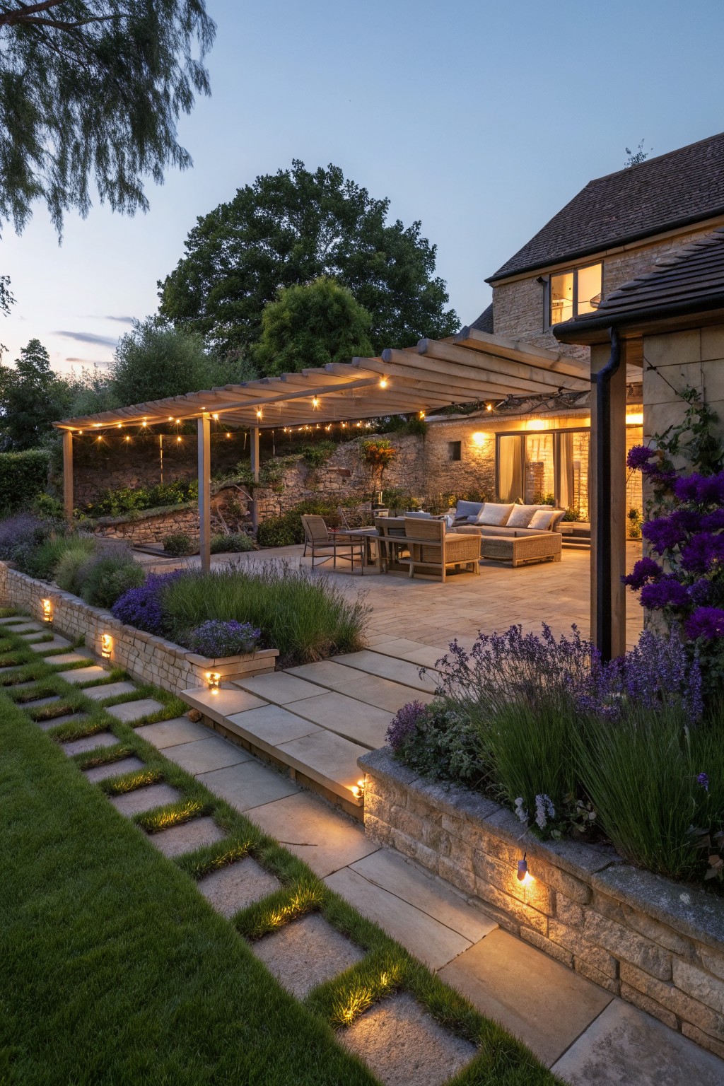 Terraced stone patio under wooden pergola strung with lights and furnished with lounge seating, bordered by raised stone walls planted with lavender and grasses, with lit inset stone slabs in grass leading down to lawn at dusk.