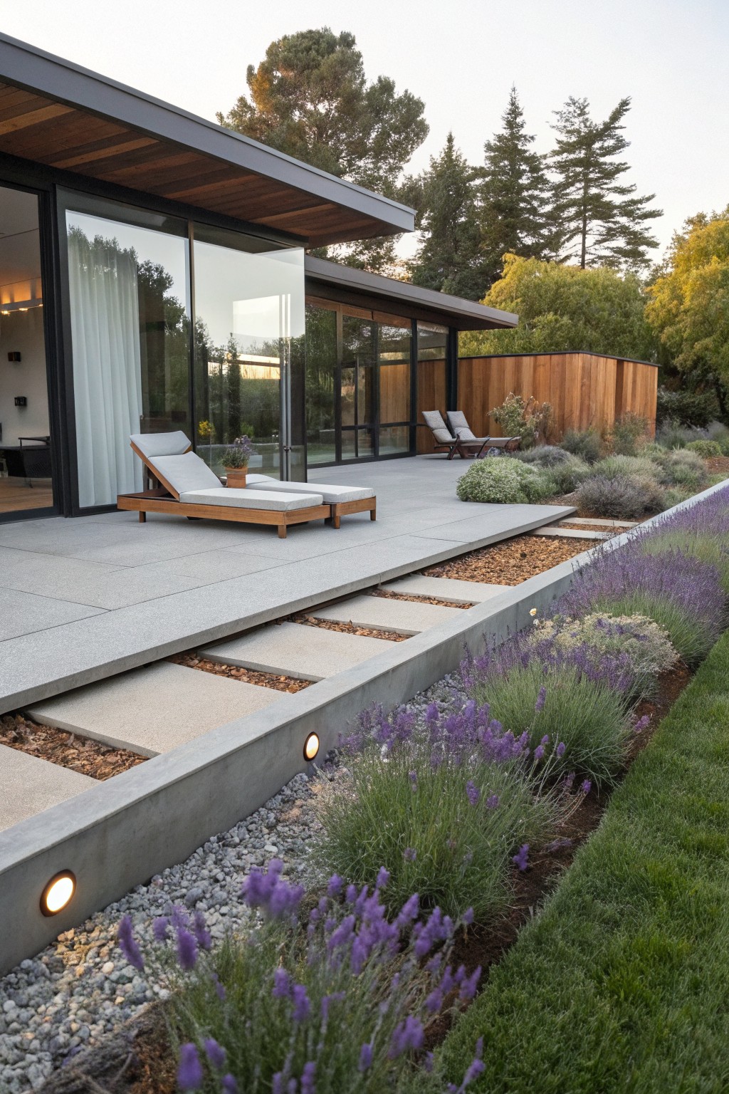 Modern house with glass walls opening to a concrete patio with two lounge chairs, adjacent raised gravel bed filled with lavender plants bordering a lawn area.