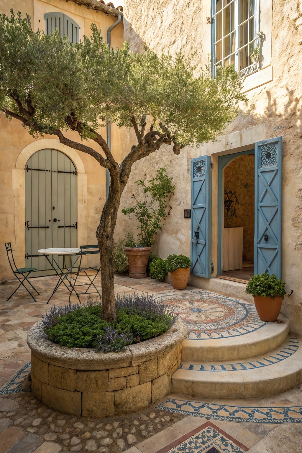 Stone-walled courtyard featuring a central olive tree in a raised circular planter edged with lavender and other greenery, a small round table with two chairs, potted plants, arched green door on one side, open blue shutters on arched entry, mosaic tiled paths and steps.