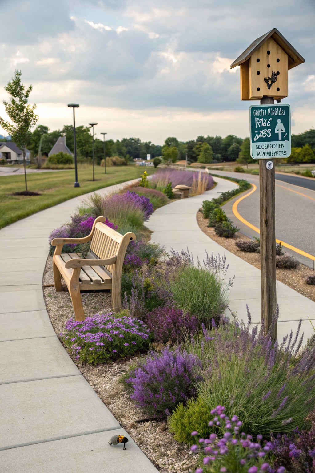 Curved concrete pathway bordered by dense purple lavender plantings and other shrubs, with a wooden bench beside it and a birdhouse signpost on a wooden pole.