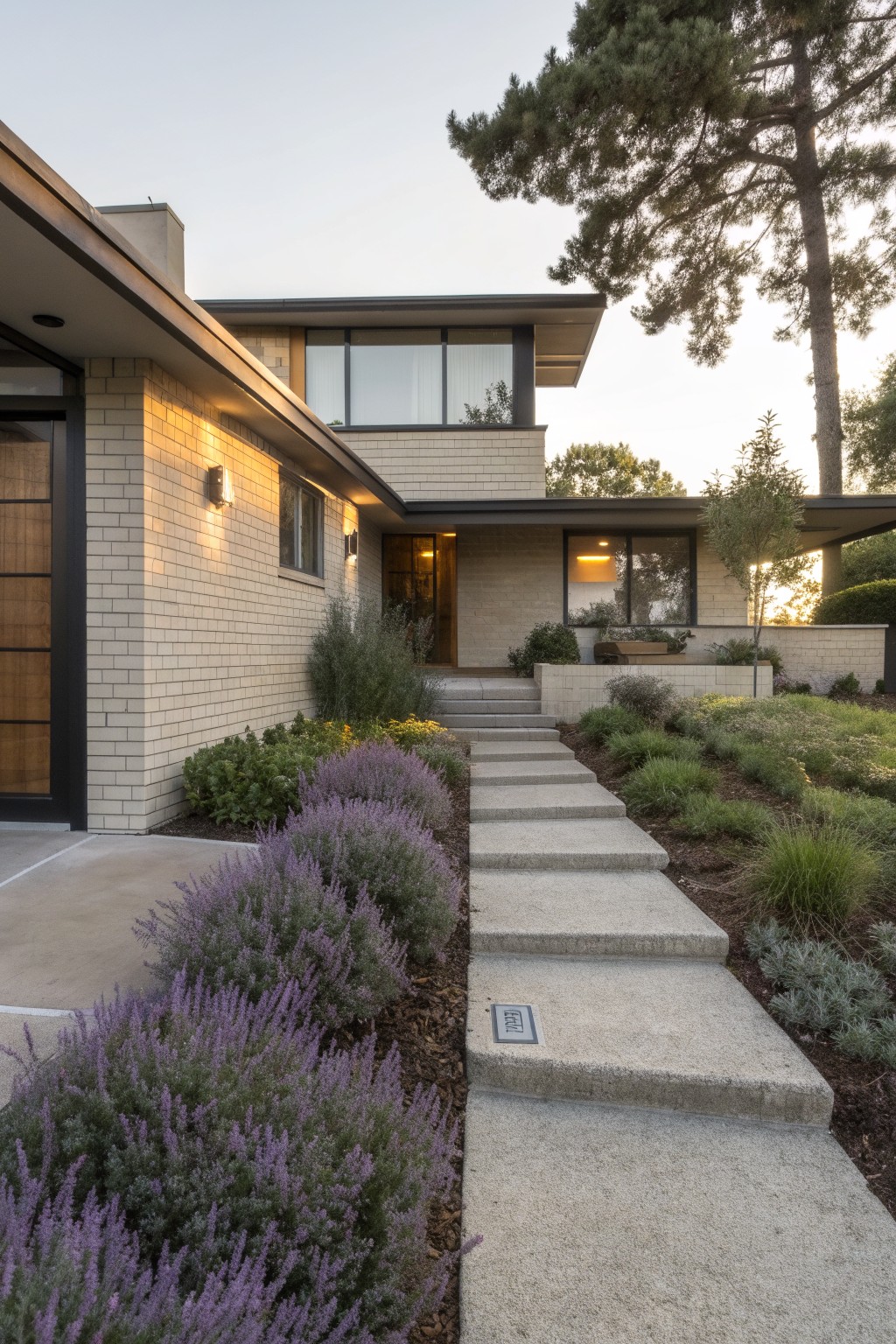 Modern house exterior with beige brick walls, black-framed windows, and a concrete pathway lined with purple lavender bushes leading to wooden front doors, surrounded by other shrubs and trees under a clear sky.