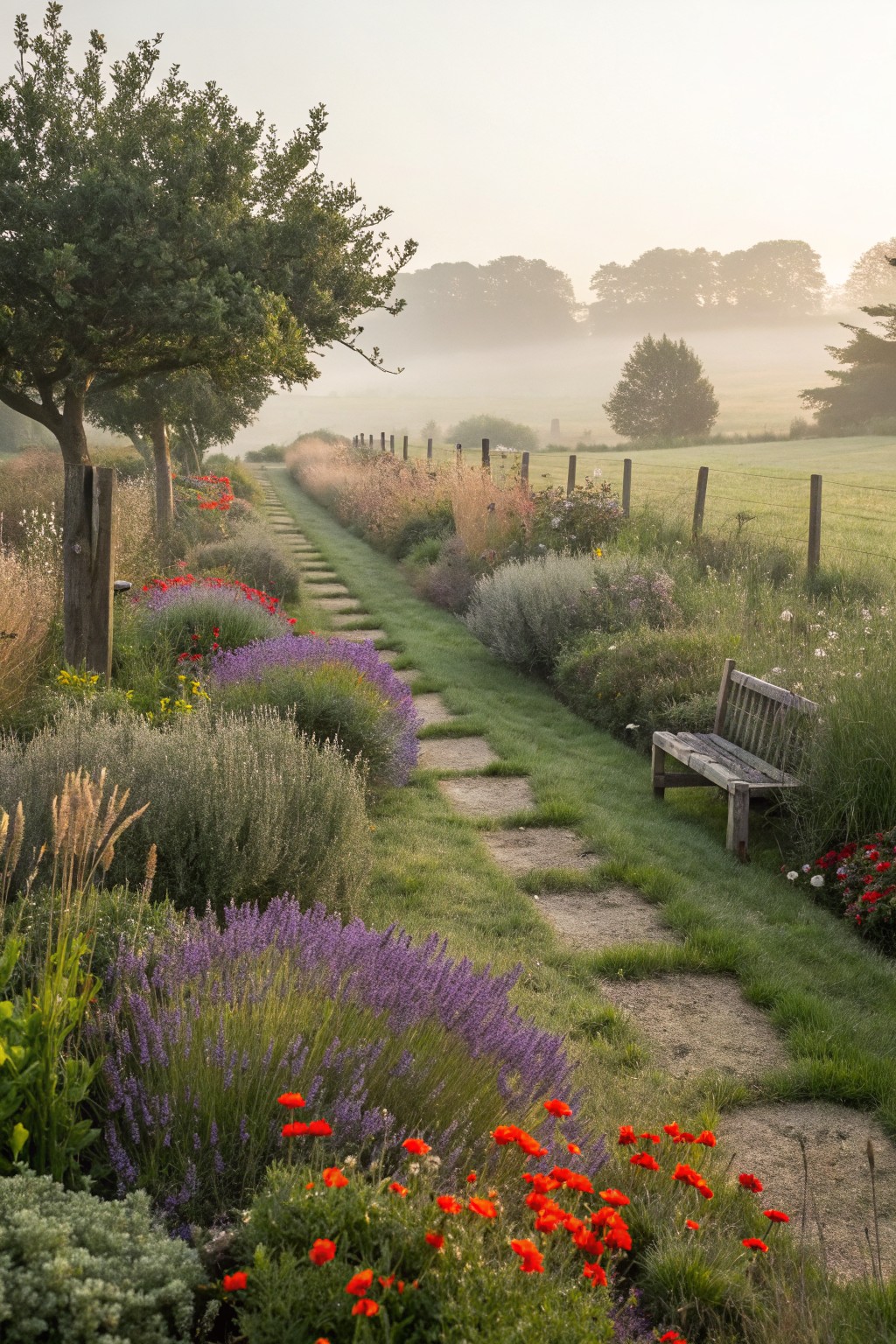 A stone path lined with lavender bushes, ornamental grasses, poppies, and other perennials leads through a garden bordered by a wooden fence to a bench, with trees and misty fields beyond.