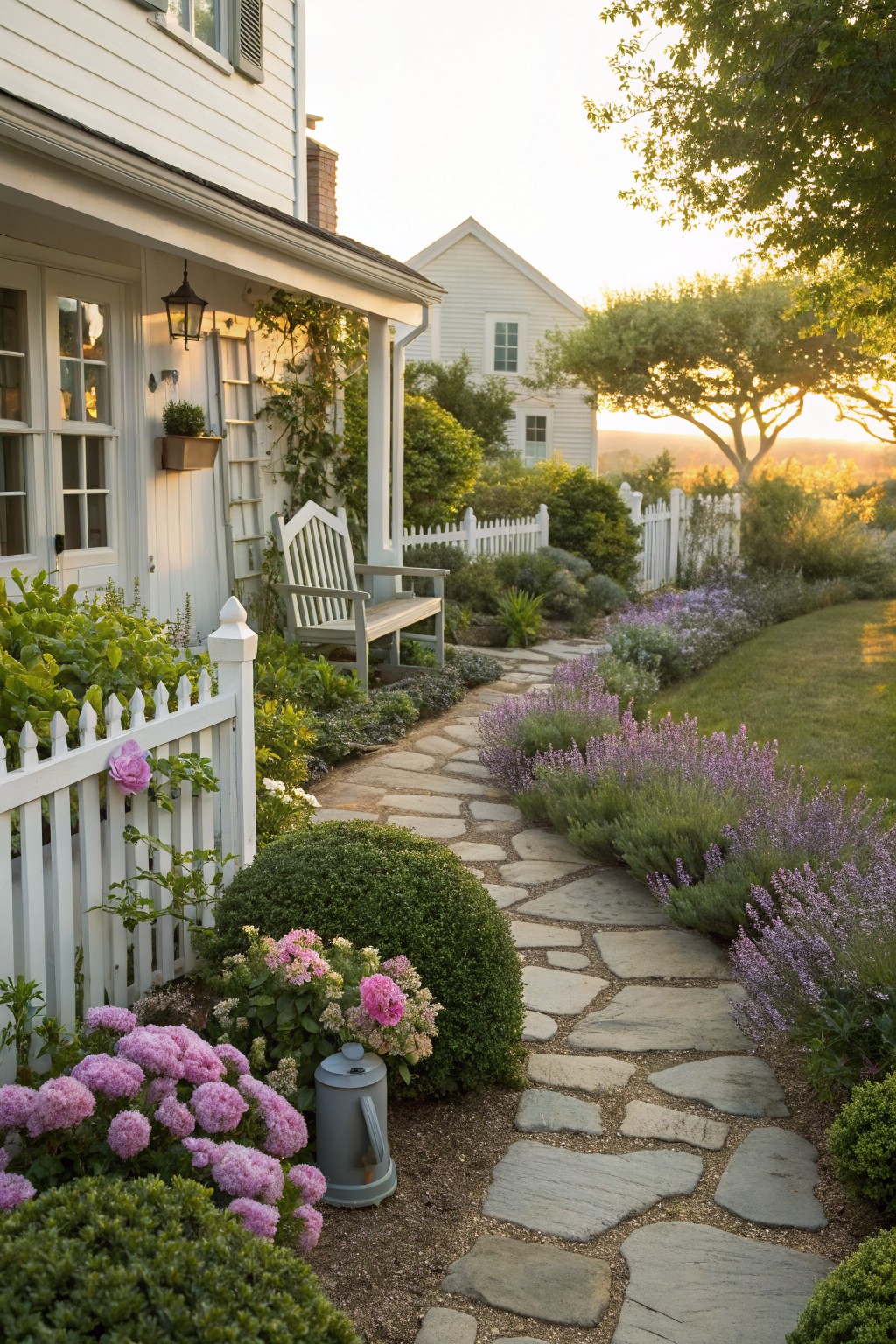 Winding stone path edged with lavender plants, pink hydrangeas, green shrubs, and a white picket fence beside a white clapboard house with porch and bench in evening light.