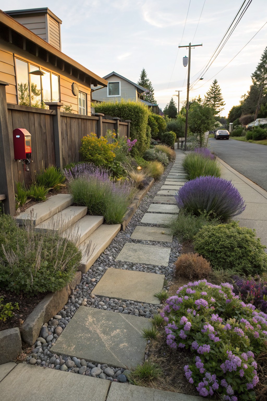 Front yard garden path made of large rectangular stone pavers set in gravel, bordered by lavender bushes, ornamental grasses, shrubs, and succulents, leading to concrete steps at a house with wooden fence and red mailbox.