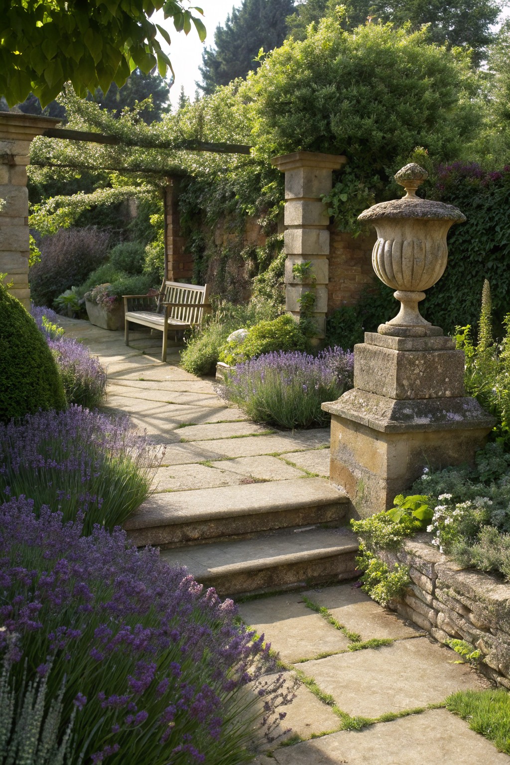 Stone pathway lined with blooming lavender plants leads to a wooden bench in a garden, flanked by a stone pedestal urn and surrounded by greenery and shrubs.