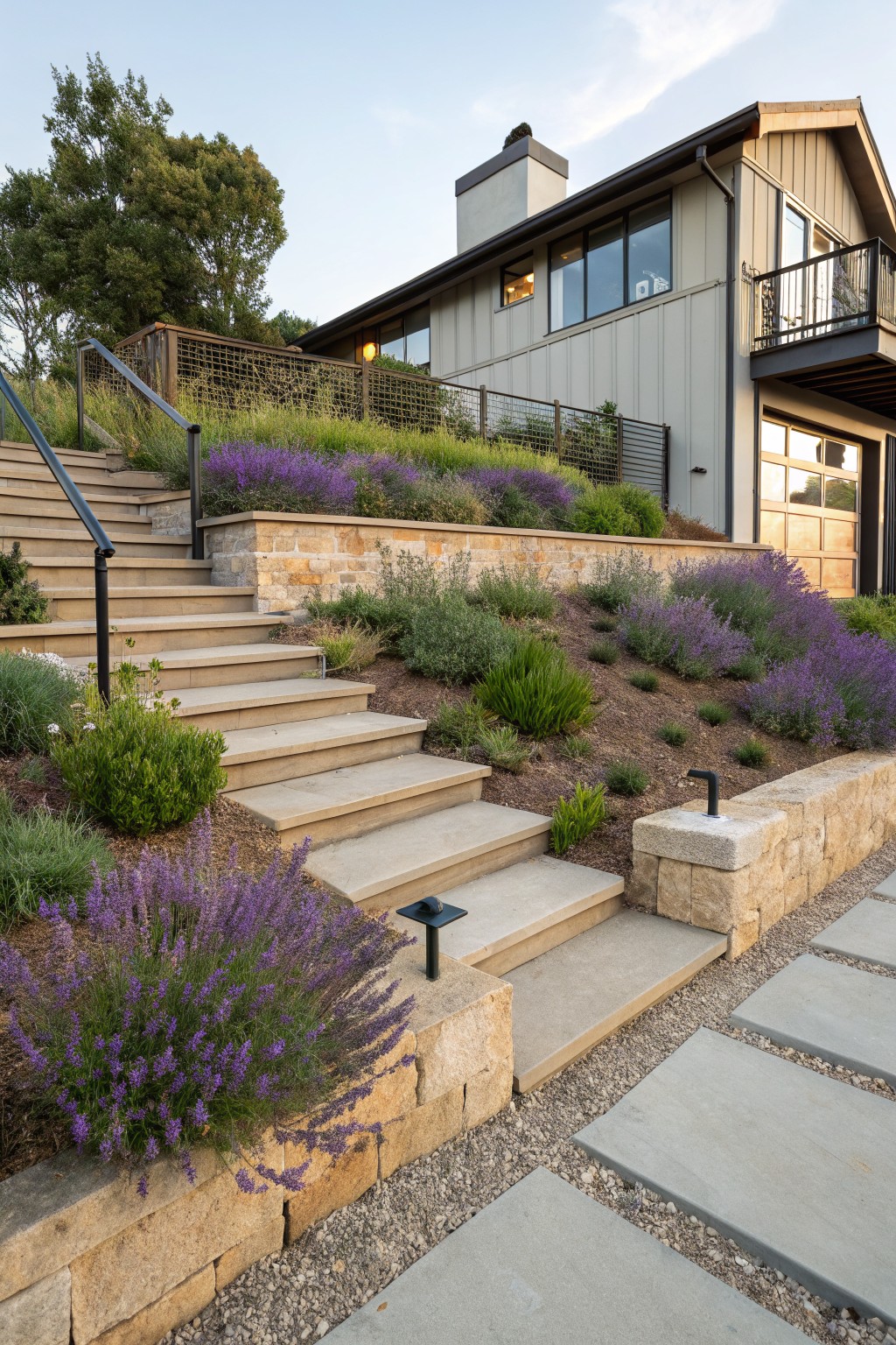 Stone steps with black railings ascending a hillside, bordered by clusters of purple lavender plants and low shrubs against beige stone retaining walls, leading to a modern gray house with a garage door.