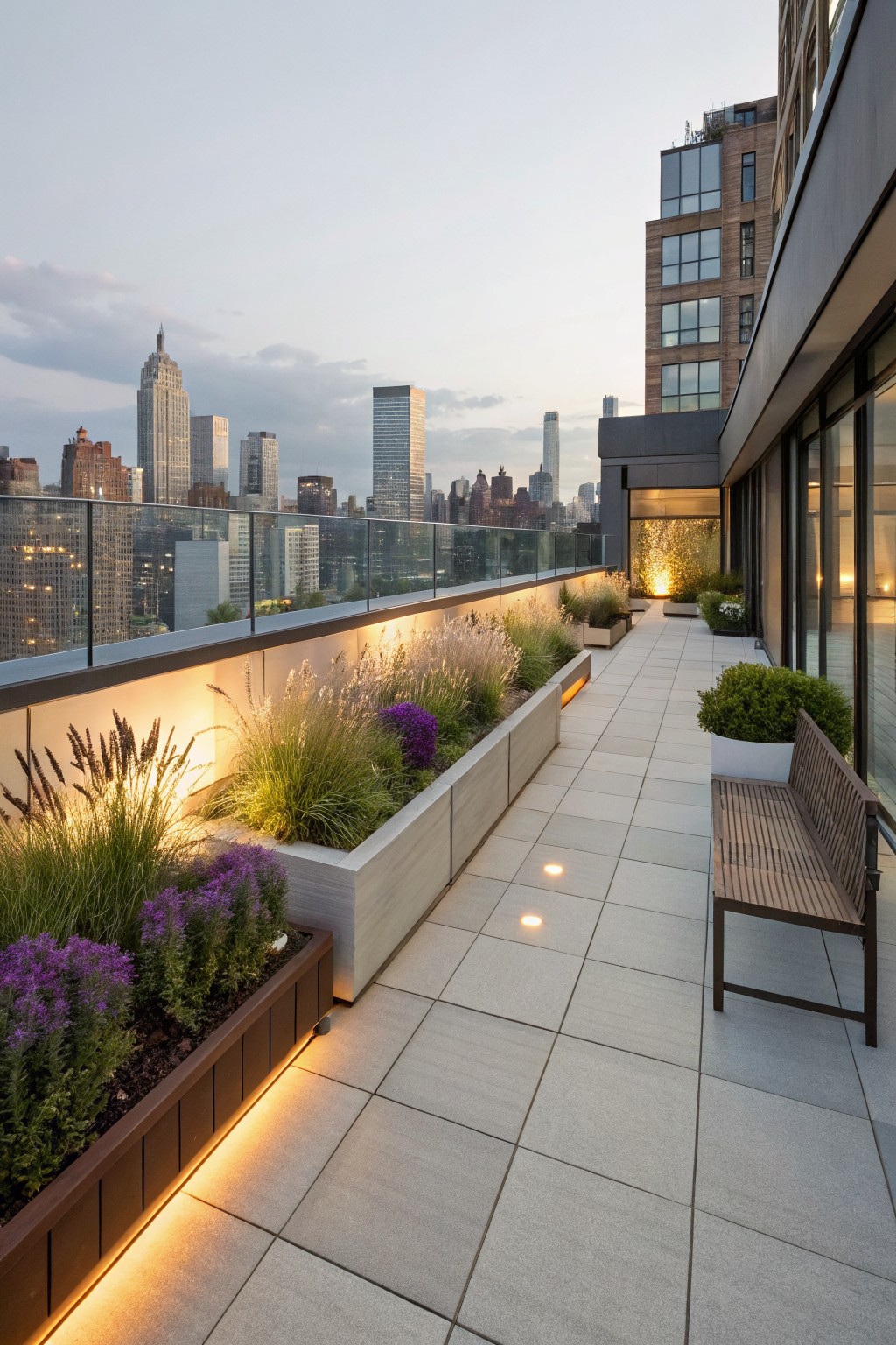 Rooftop balcony terrace at dusk overlooking Manhattan skyline, with linear white planters filled with purple lavender and tall grasses along a tiled walkway, wooden bench, glass railing, and integrated path lighting.