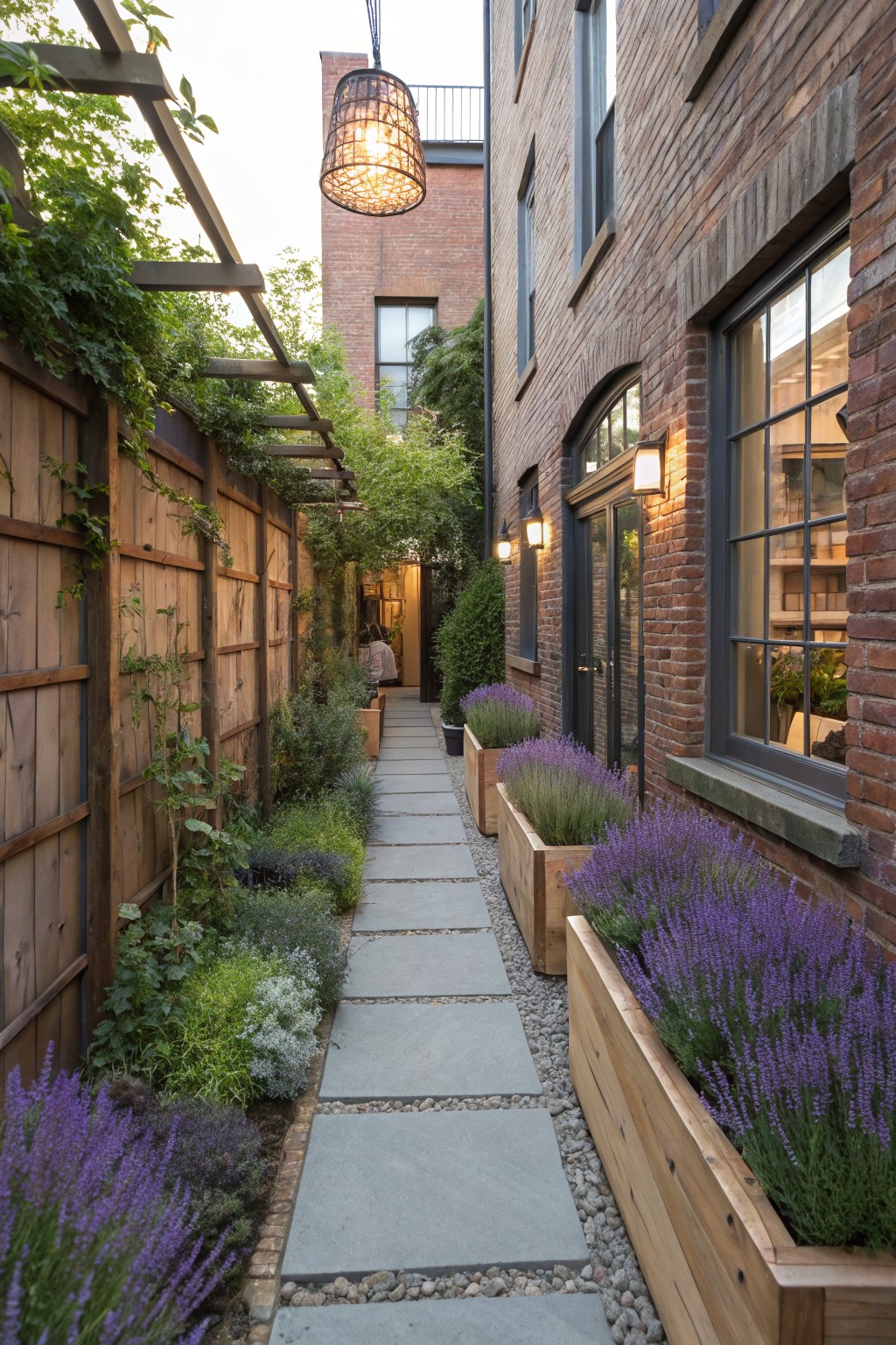 Narrow stone slab pathway flanked by wooden raised planters filled with blooming purple lavender, wooden fences with climbing vines, brick building walls, and overhead vine-covered pergola with hanging lantern.