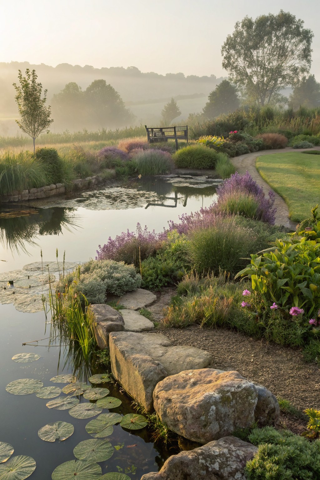 Misty garden pond with lily pads, surrounded by purple lavender flowers, tall grasses, stone edging, stepping stones, and a wooden bench on a path.