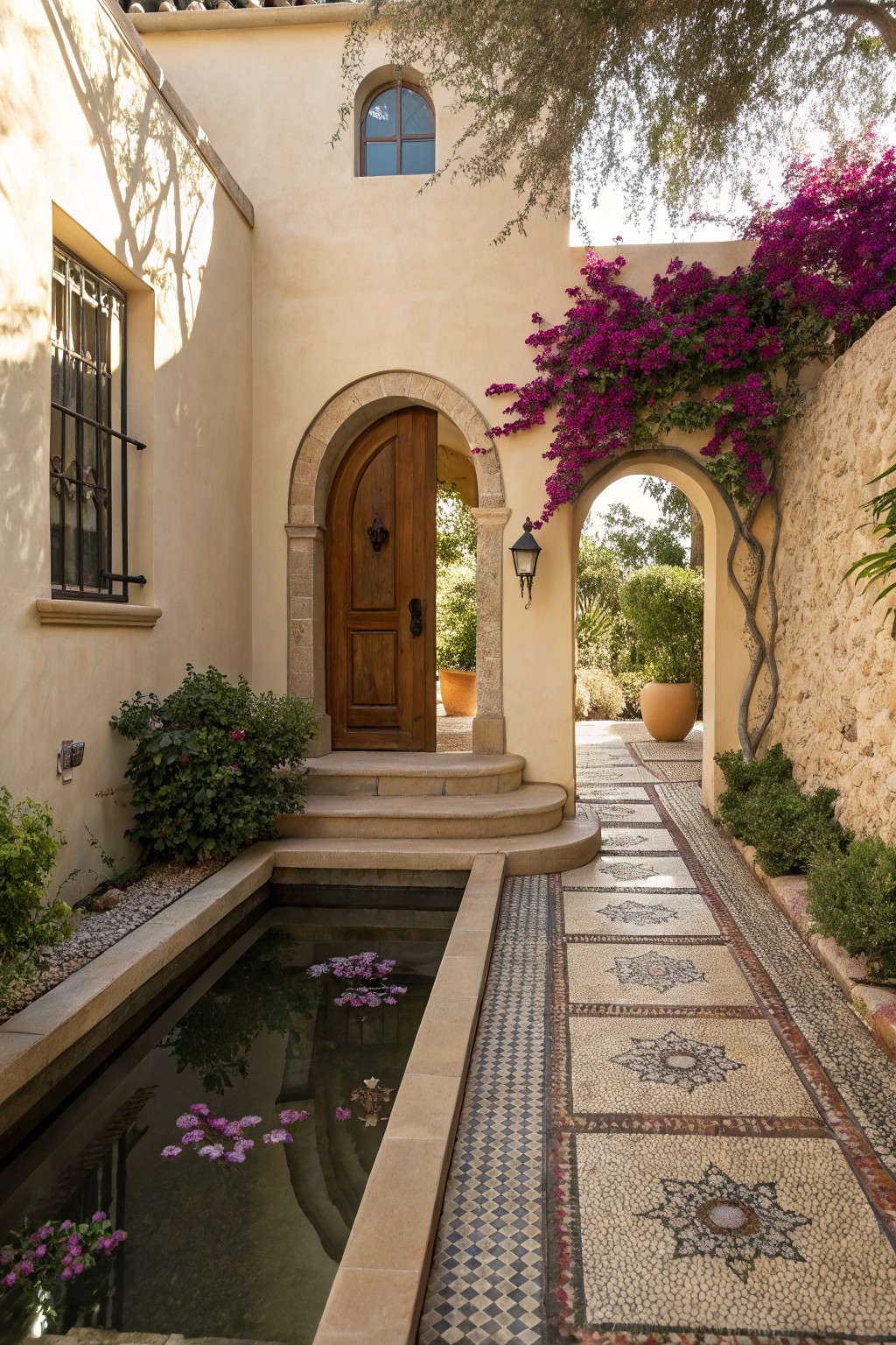 Narrow mosaic-tiled stone pathway alongside rectangular reflecting pond with pink water lilies in beige stucco courtyard, purple bougainvillea on arched entryway and walls, greenery and potted plants.