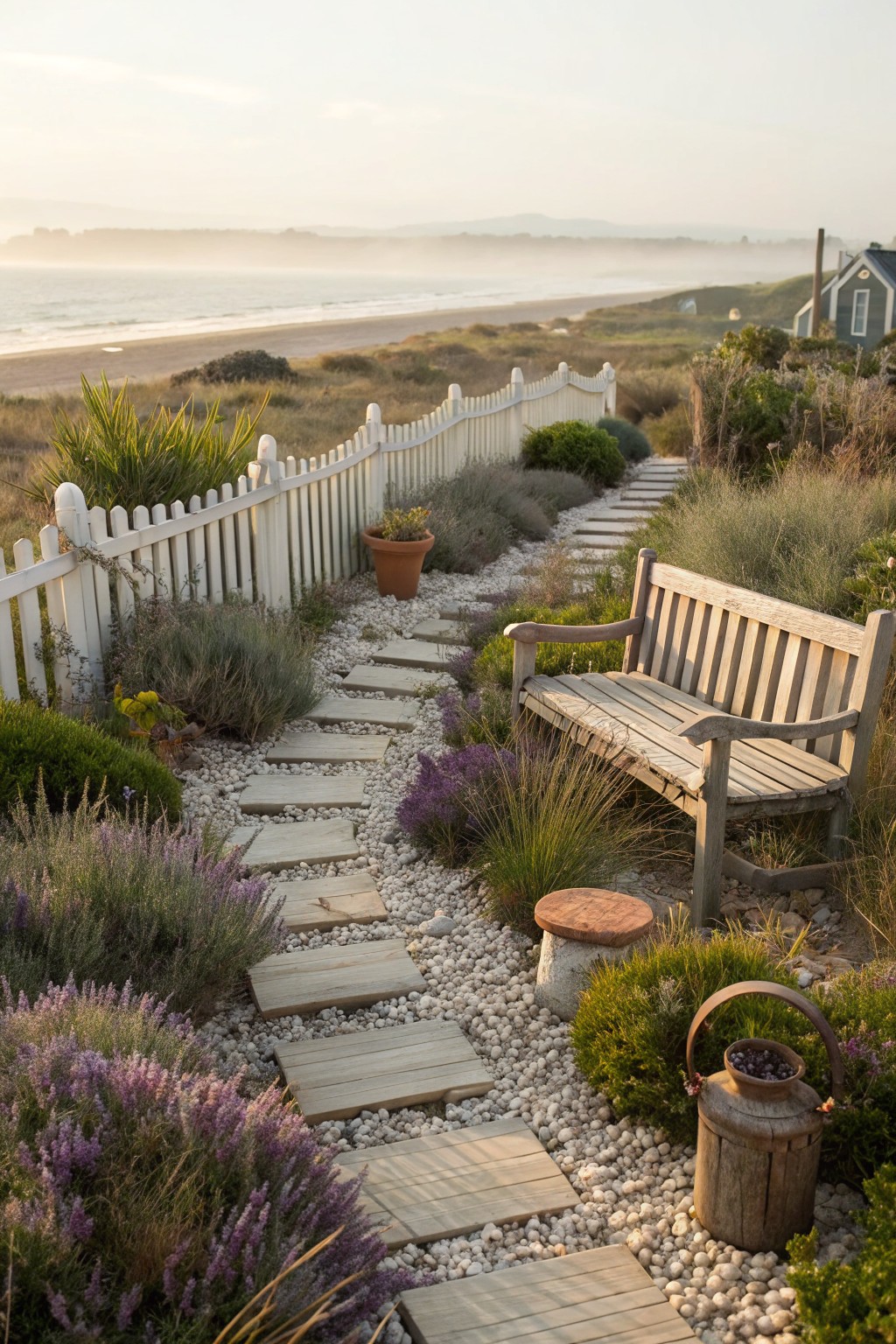 A winding garden path of irregular wooden and stone slabs set in white gravel, lined with lavender plants, grasses, and shrubs, leading to a wooden bench beside a white picket fence with beach view in background.
