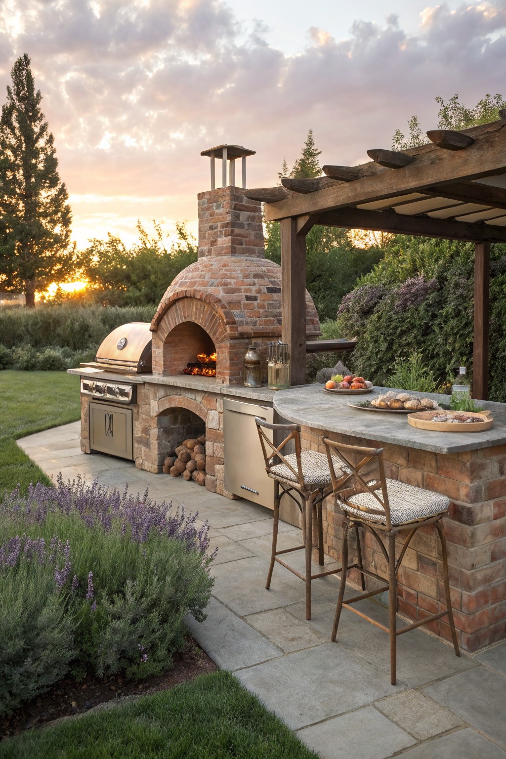 Brick outdoor pizza oven and stainless steel grill built into a stone counter with curved bar top and two stools, edged by lavender plants on a paved patio under a wooden pergola at sunset.
