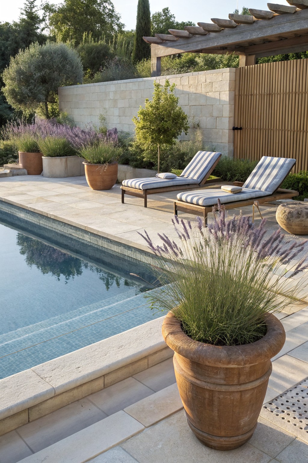 Pool with blue water and beige stone decking edged by a large terracotta pot of ornamental grass, nearby lavender plants, two beige striped loungers with cushions, and surrounding stone walls, wooden pergola, and greenery.