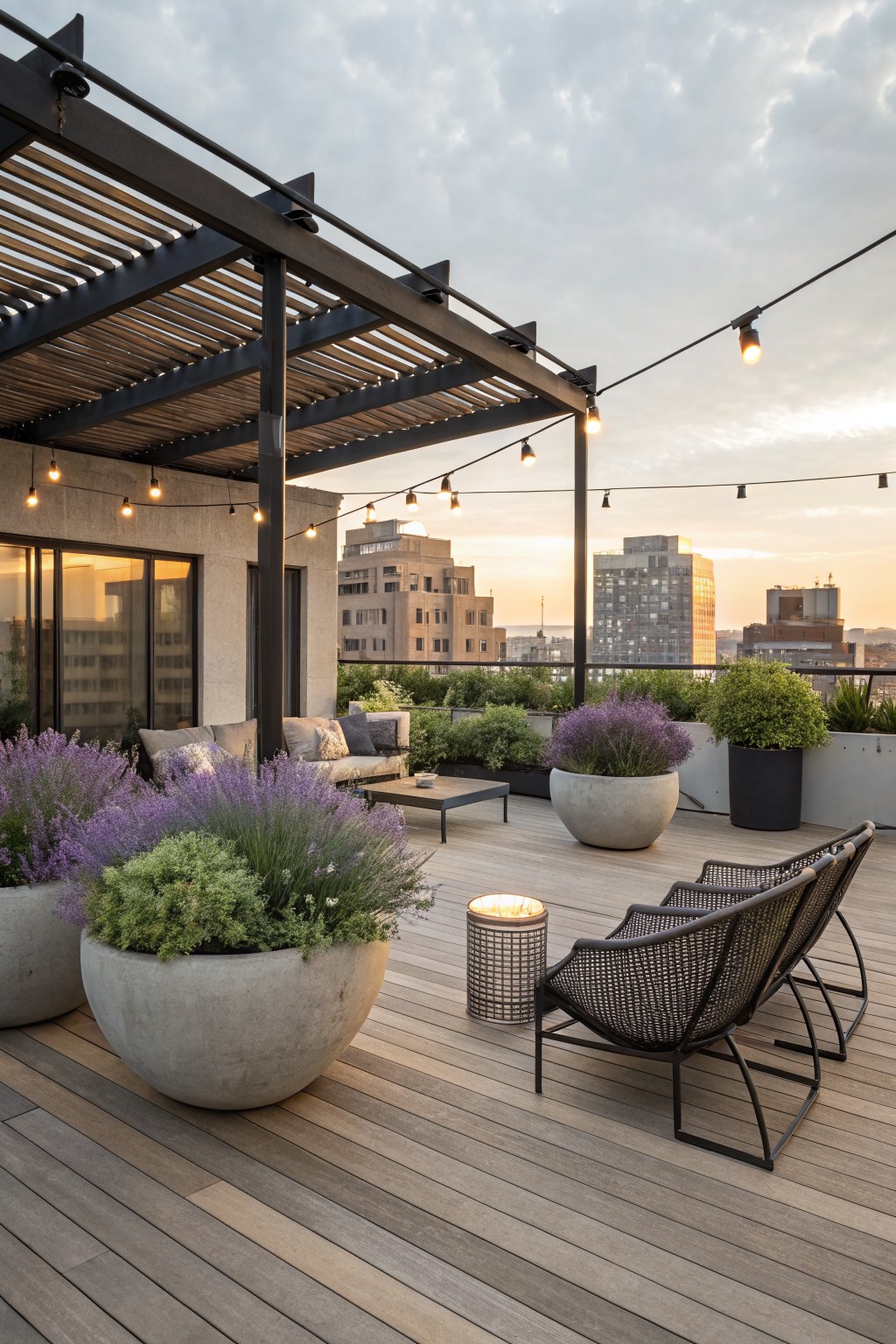 Rooftop terrace with light wood decking, black metal pergola and slats, string lights, beige sofa and woven lounge chairs, large white concrete pots of lavender and green plants, and city buildings in the background at dusk.