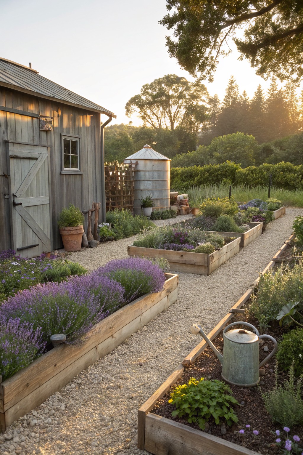 Rustic gray wooden shed with double doors next to rows of wooden raised garden beds filled with purple lavender, herbs, and flowers along a gravel path, with a metal watering can, water tank, and trees in the background at sunset.