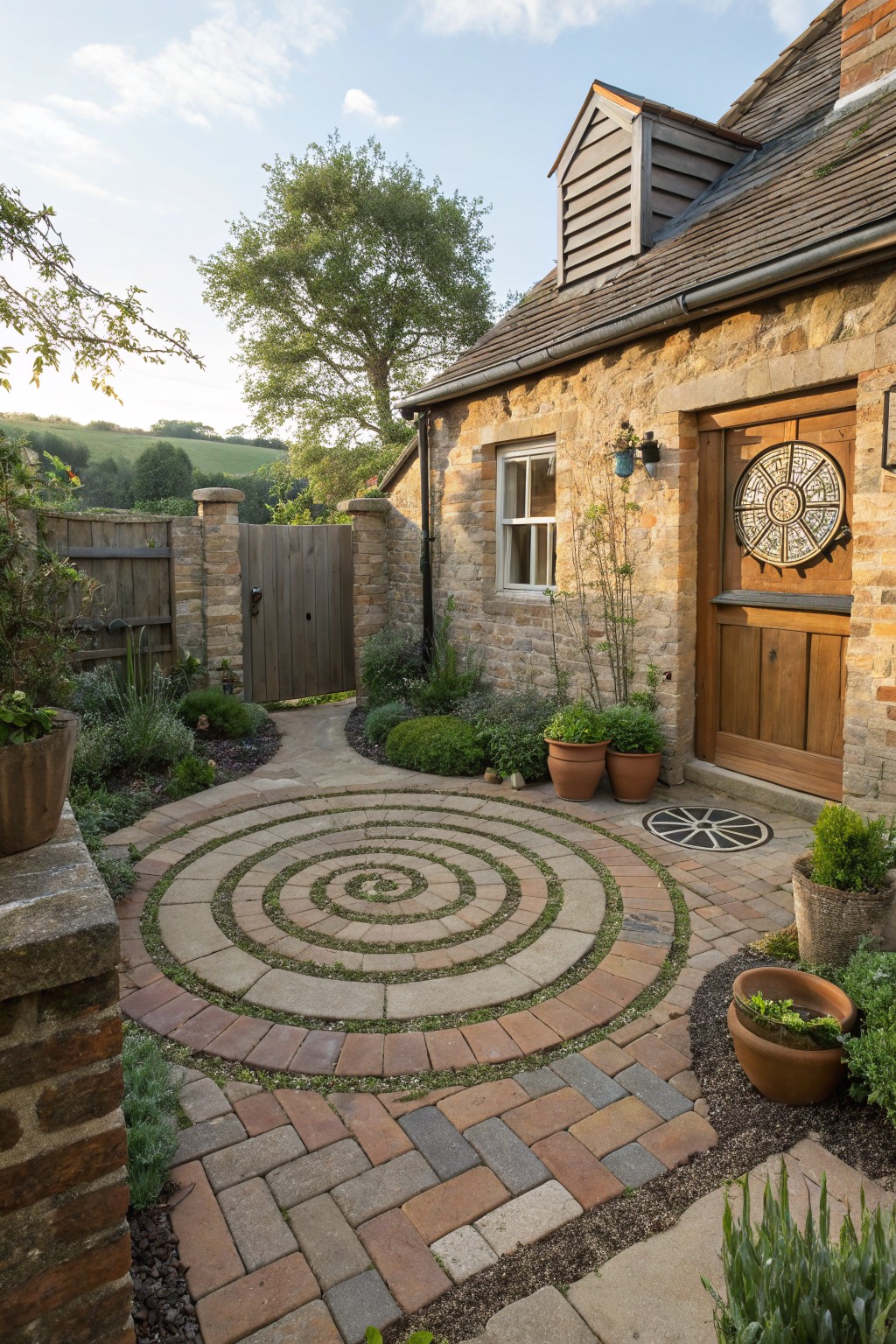 Stone house exterior with wooden door and large clock, wooden gate in fence, spiral labyrinth pathway of brick pavers and grass in garden courtyard surrounded by potted plants and shrubs.