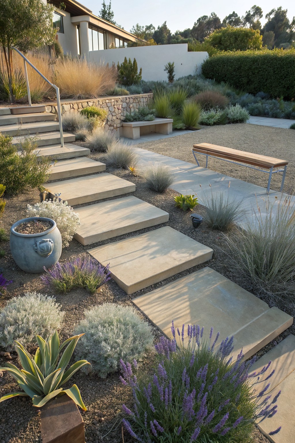 Wide beige stone steps and pathway edged by purple lavender bushes, gray grasses, agave plants, and gravel ground cover, leading toward a modern stucco house with olive trees and hedges.