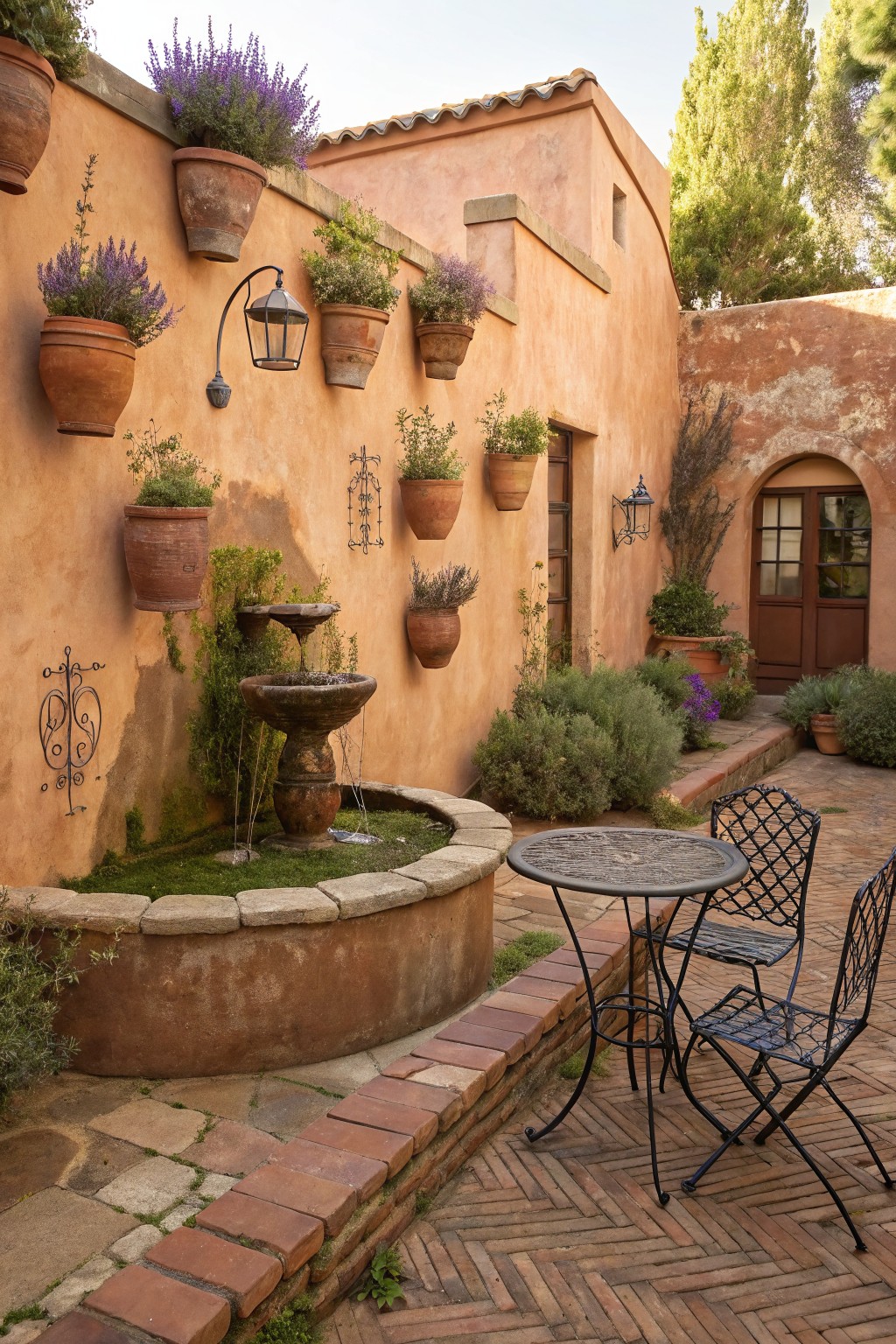 Terracotta pots filled with lavender mounted on a pink stucco courtyard wall, surrounding a stone fountain, with a bistro table and chairs on a brick patio.