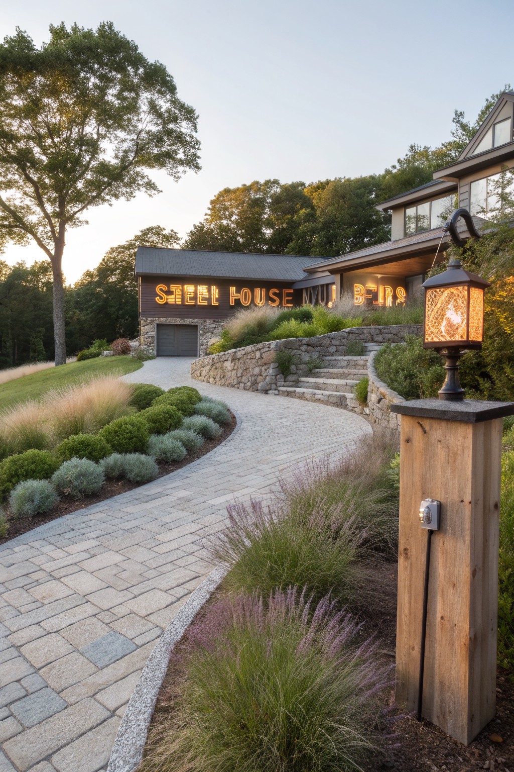 Curved paver pathway lined with ornamental grasses and lavender plants leading to stone steps and a garage with 