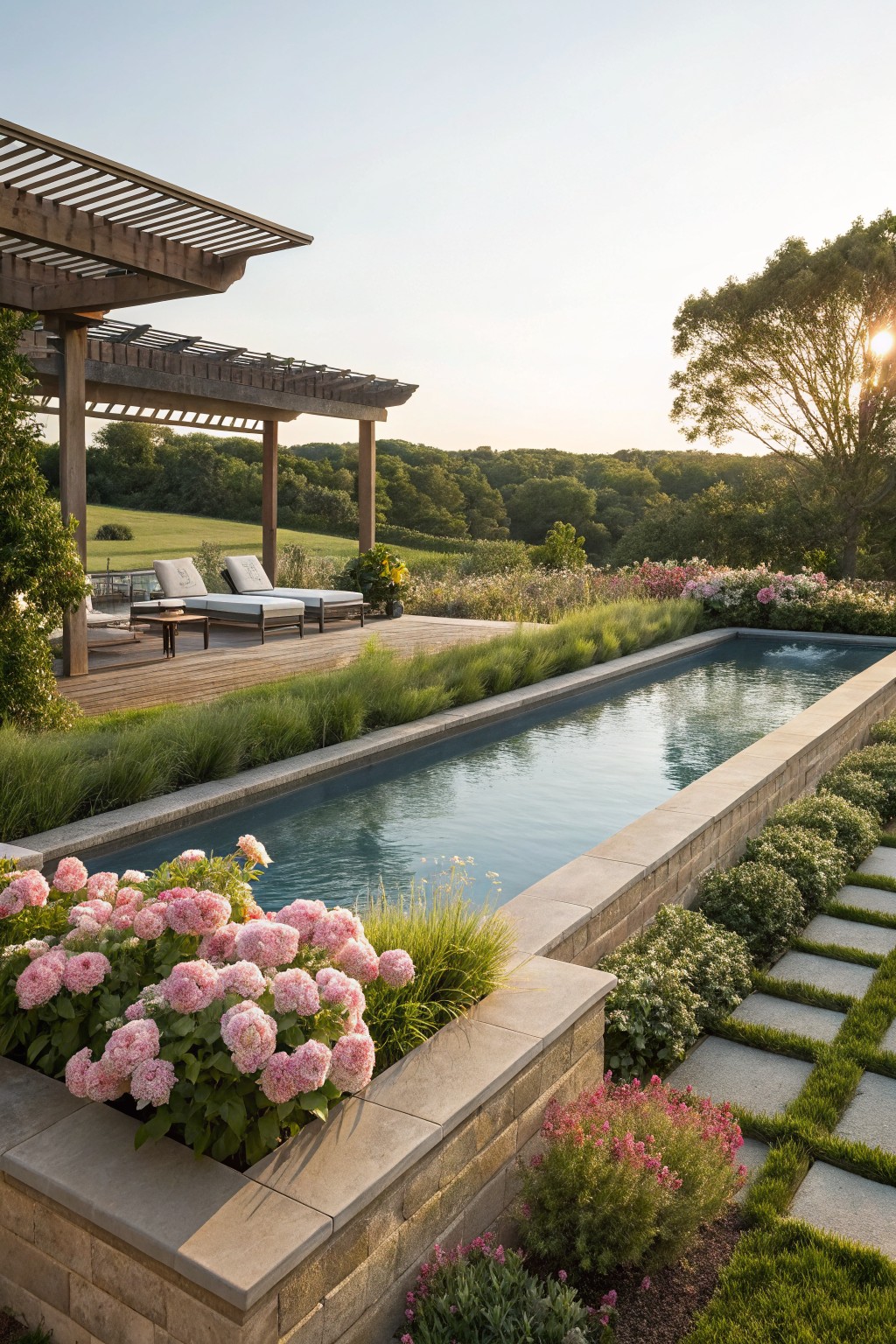 Long narrow pool with raised stone walls edged by pink peony clusters and tall grasses, adjacent to a wooden deck under a pergola, with distant hills and trees in evening light.