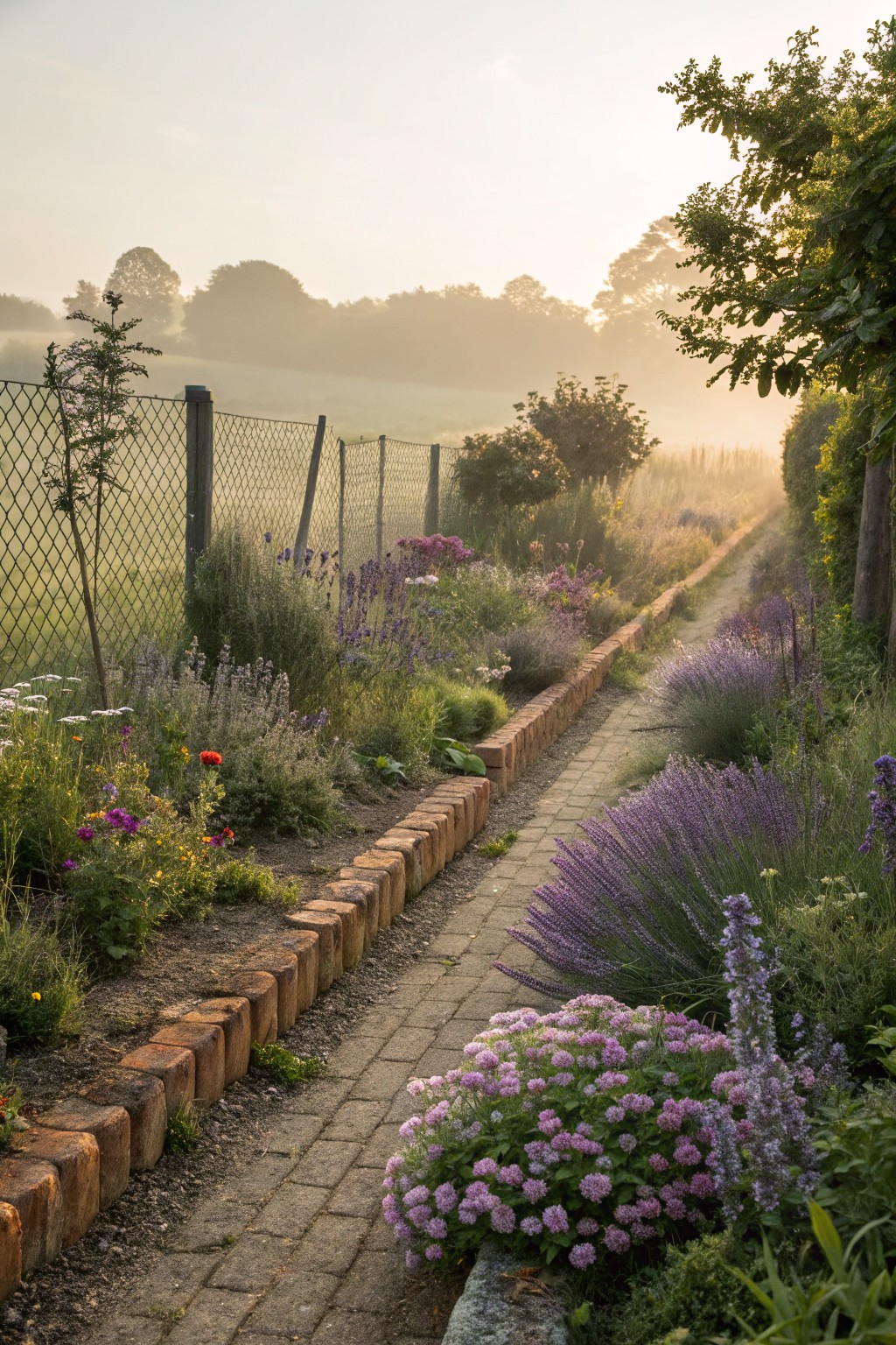 A brick path runs between long narrow flower beds edged with low red brick walls, planted with lavender, pink flowers, and green herbs, next to a chain-link fence overlooking misty fields in morning light.