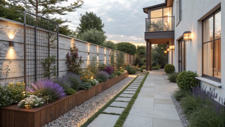 Narrow stone pathway beside a beige stucco house, lined with long raised corten steel flower beds containing lavender, grasses, shrubs, and climbing plants on a brick wall.