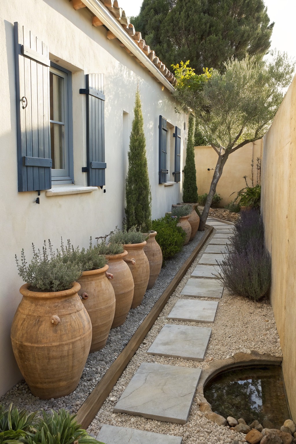 Narrow stone path beside a white stucco house wall lined with large terracotta pots planted with lavender and rosemary, gravel ground cover, wooden edging, olive trees, and a small arched fountain at the end.