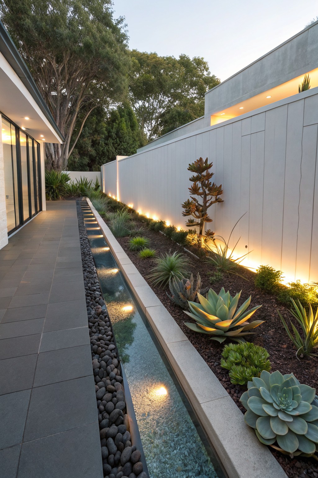 Narrow concrete walkway beside a linear shallow water channel with underwater lights and pebbles, edged by a flower bed planted with agave and succulent plants against a tall white wall, modern house on the left under evening sky.