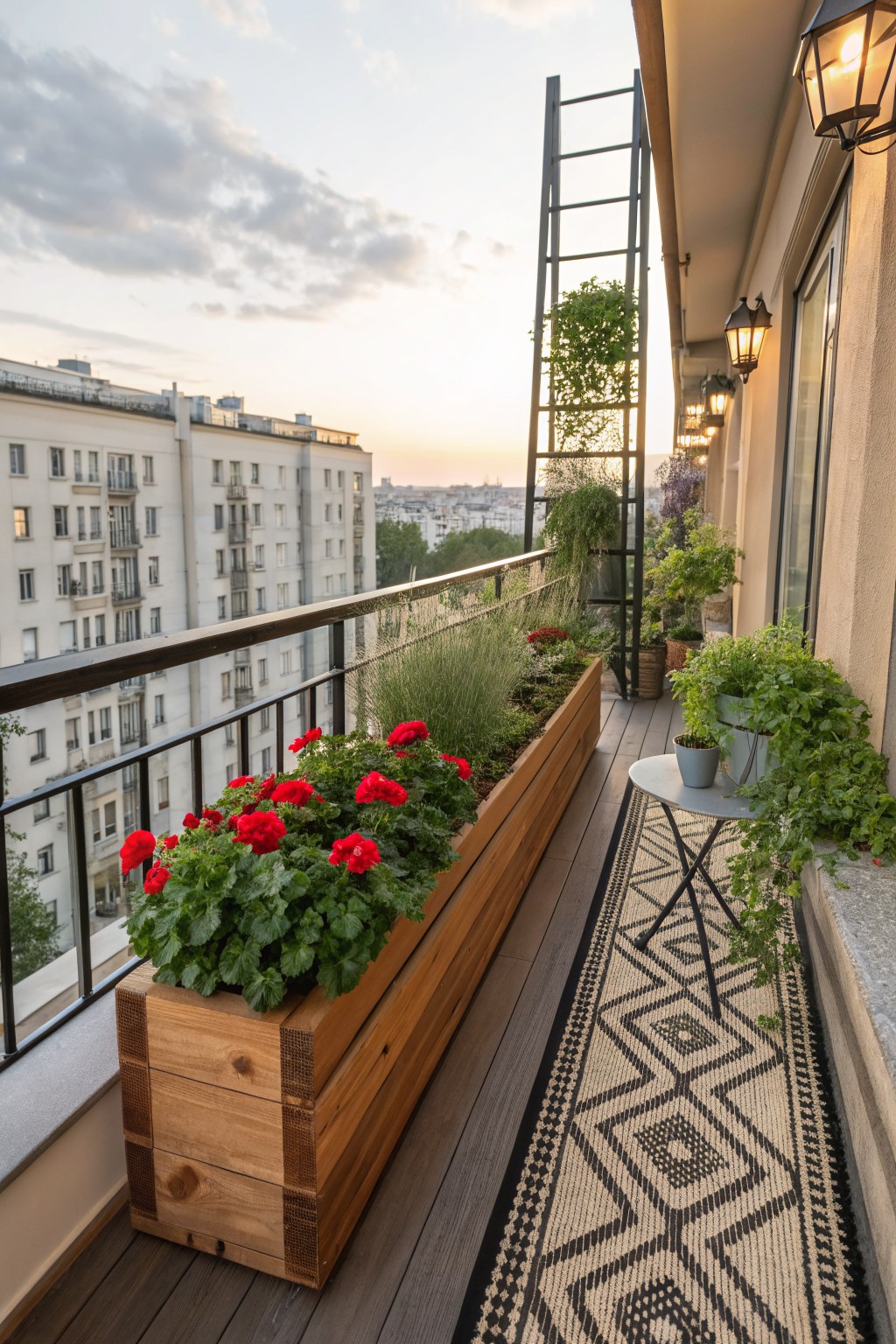 Narrow balcony deck with long wooden planter box along the black railing filled with red geraniums and herbs, small round metal table and folding chair on black and white patterned rug, various potted plants, lanterns, and city view at dusk.