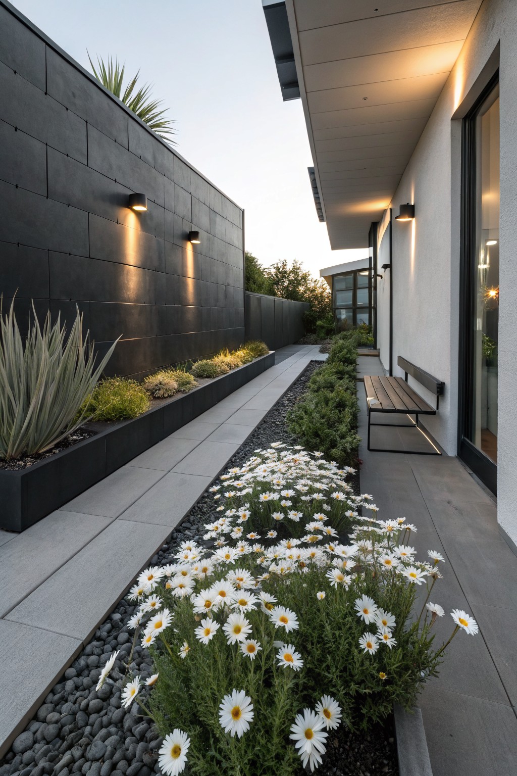 Narrow concrete pathway between a tall black tiled wall with mounted lights and a white modern house exterior, edged by long black planters with agave plants and white daisy flower beds with gravel mulch, including a metal bench along the house wall.