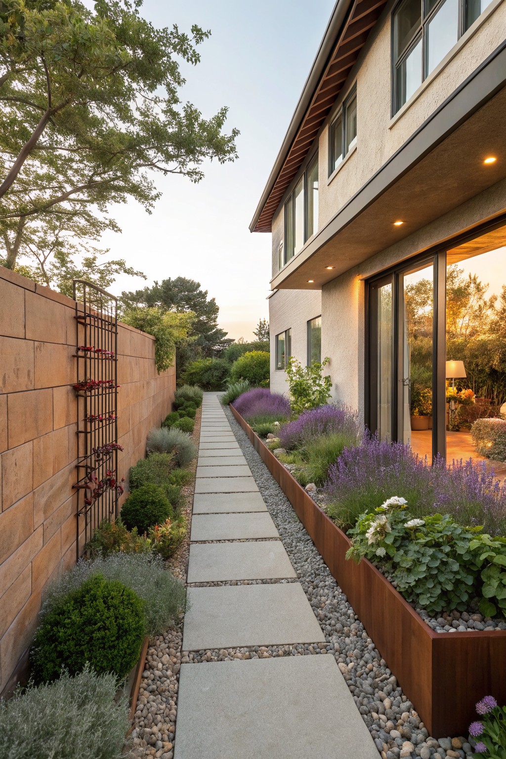 Narrow stone pathway beside a beige stucco house, lined with long raised corten steel flower beds containing lavender, grasses, shrubs, and climbing plants on a brick wall.