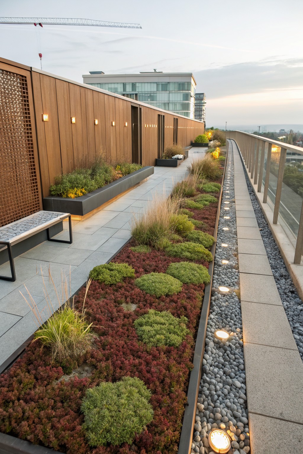 Rooftop terrace with long narrow flower beds planted with red sedums, green grasses, and low shrubs, flanked by a concrete walkway and gravel strip with embedded round lights, wooden screens, a bench, and glass railing.