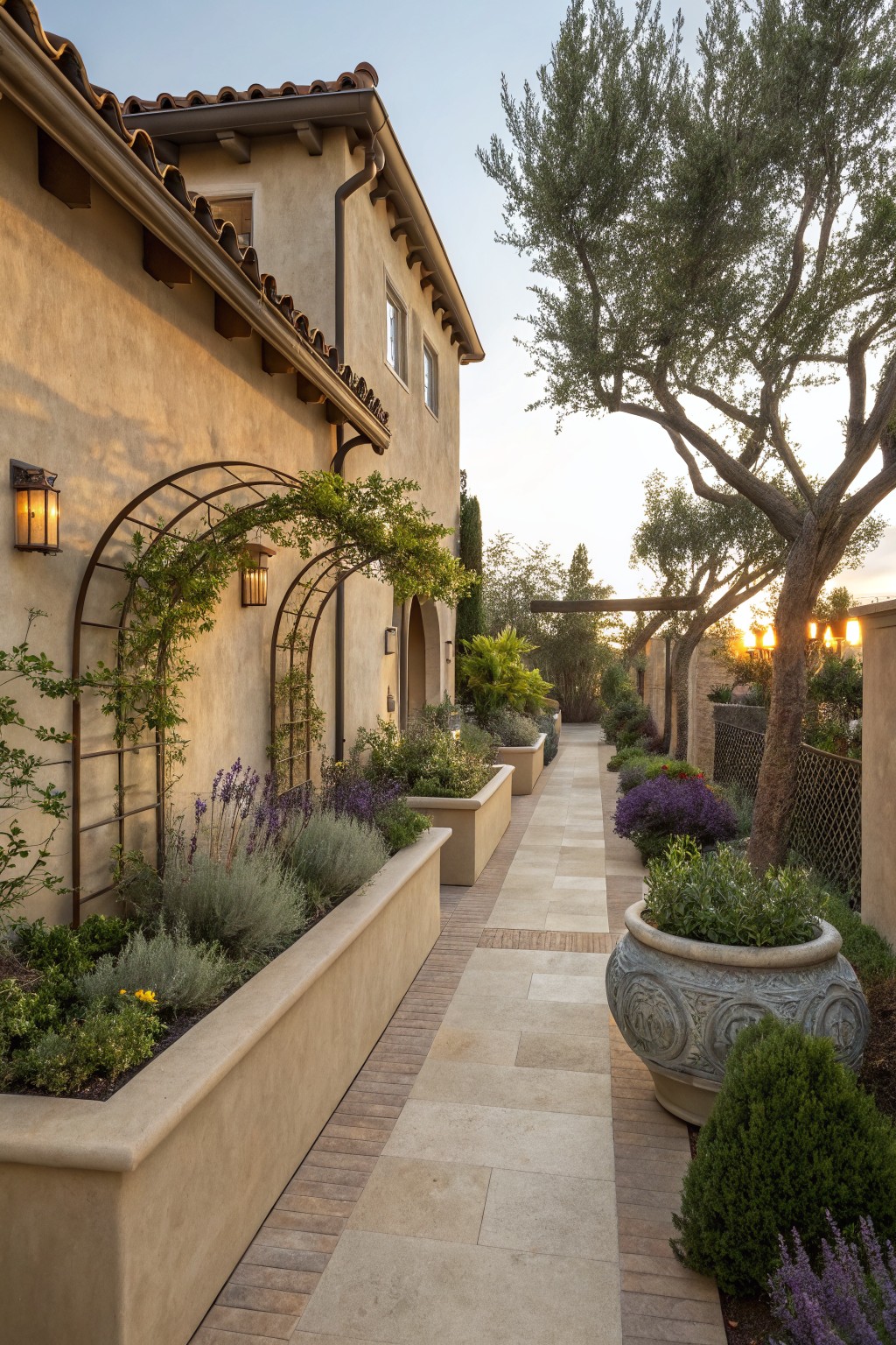 Long Narrow Raised Beds Along a Walkway