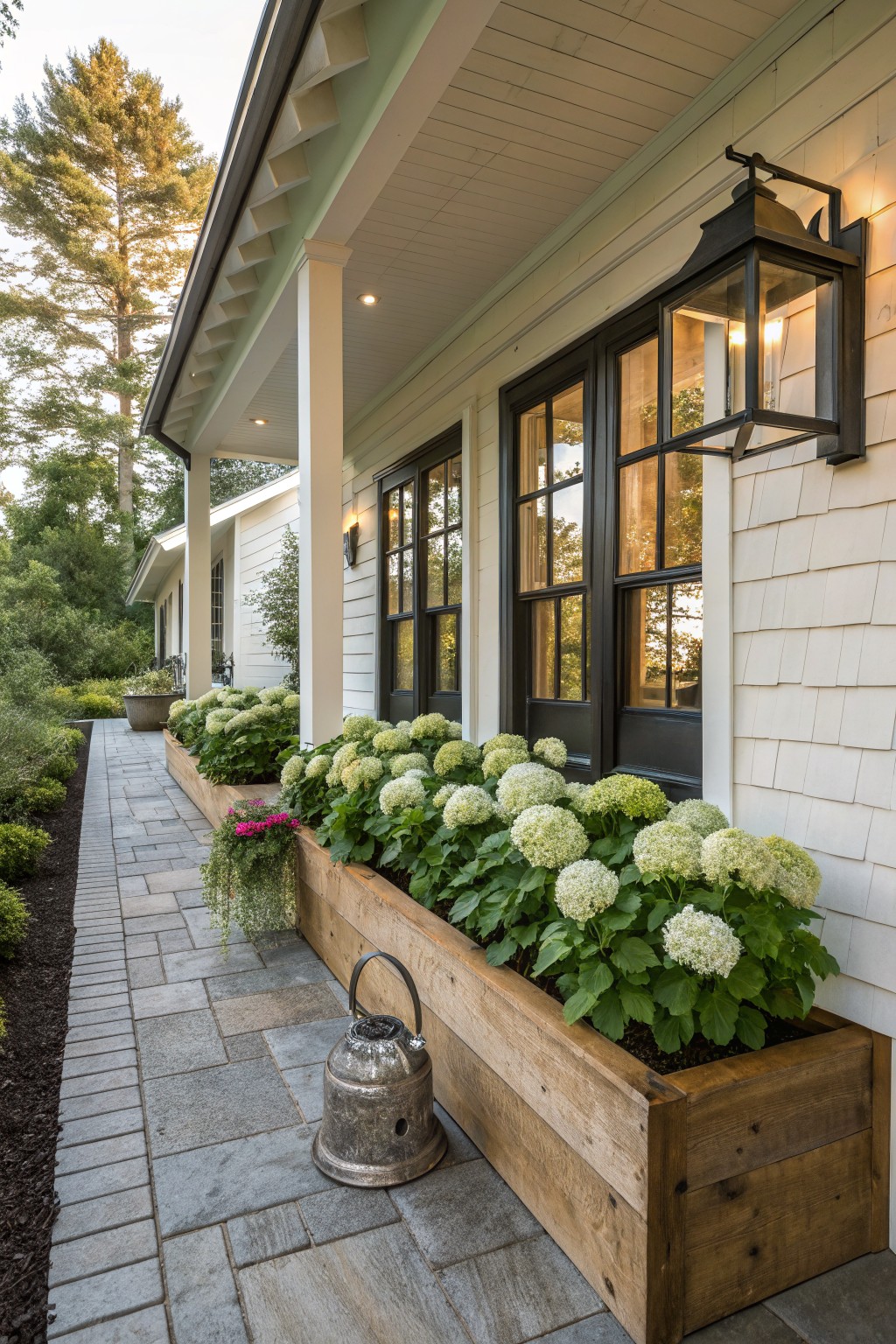 Side exterior of a white shingled house with black-framed windows and a covered porch, featuring a long elevated wooden planter box filled with white hydrangeas next to a stone pathway, potted plants, lanterns, and trees in the background.