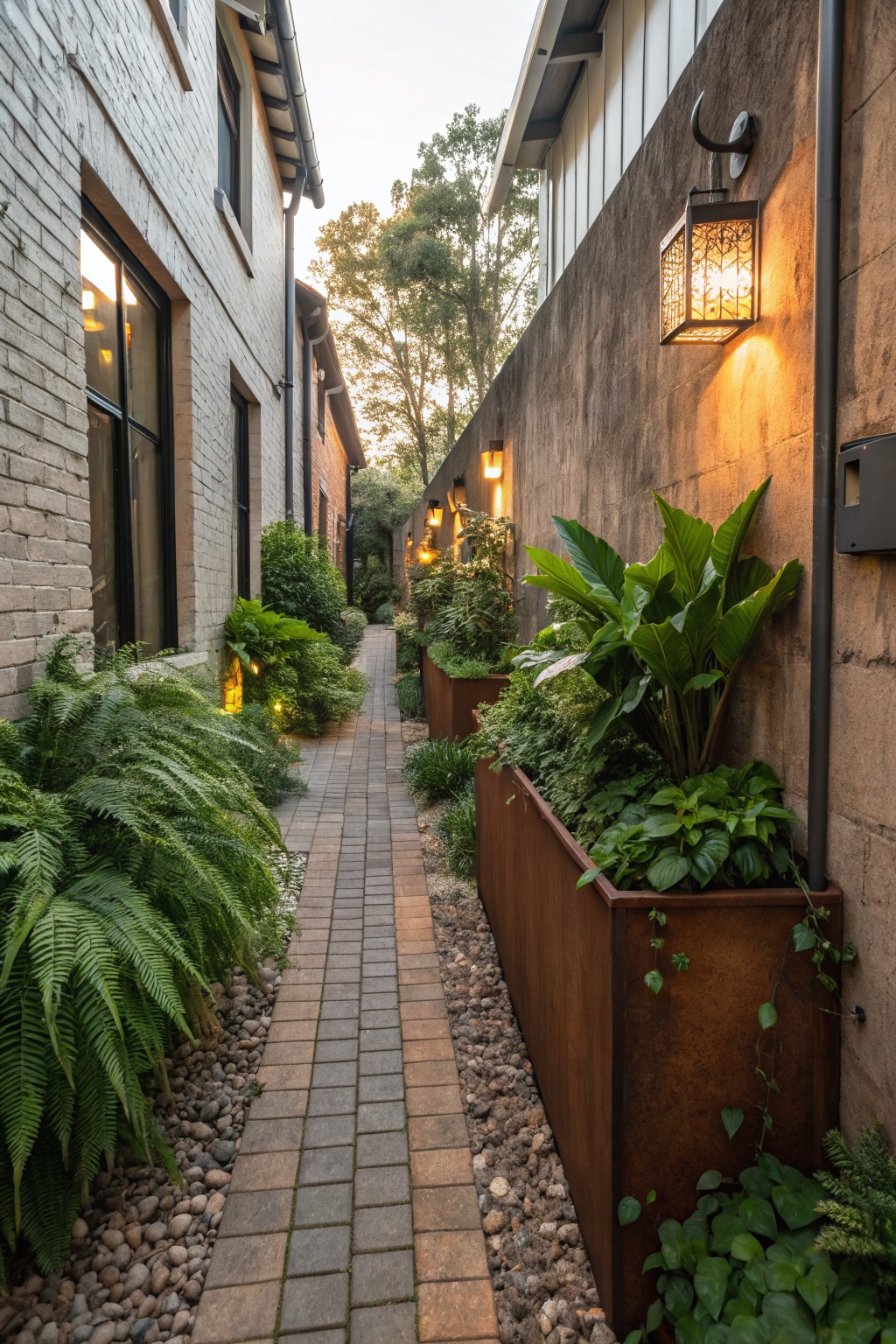 Narrow brick-paver pathway between white brick wall and textured concrete wall, lined with lush ferns, tropical plants in tall rectangular rusted metal trough planters, and wall-mounted lanterns.