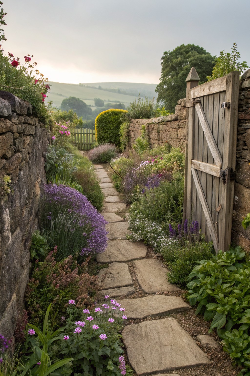 Narrow stone path between dry stone walls lined with purple lavender, pink flowers, and green foliage leading to an open wooden gate with hills and trees in the background.